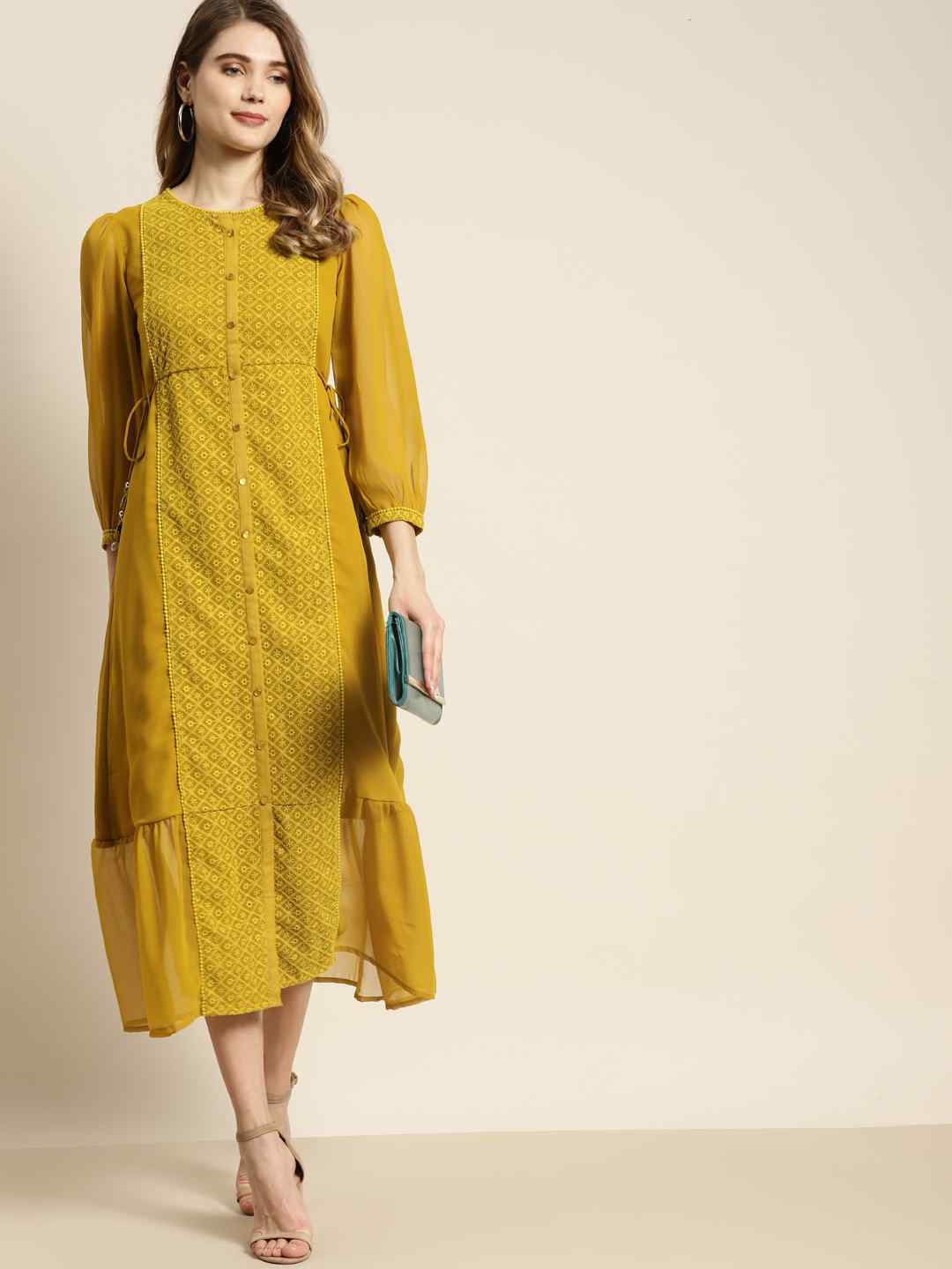 Juniper Mustard Georgette Embroidered A-Line Printed Dress - Juniper Fashion