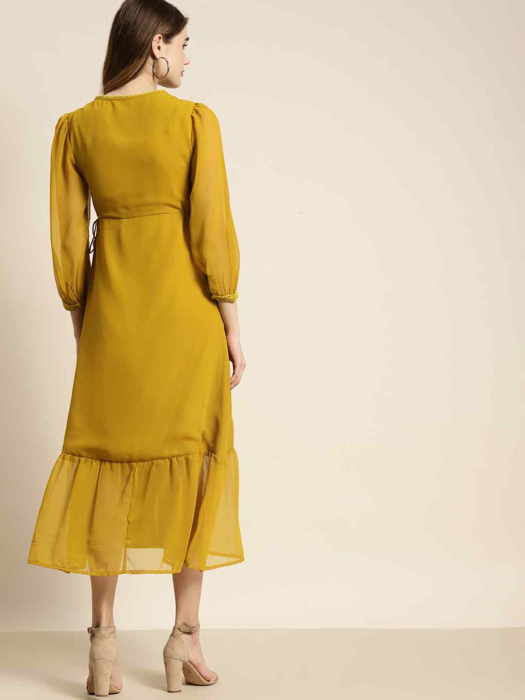 Juniper Mustard Georgette Embroidered A-Line Printed Dress - Juniper Fashion