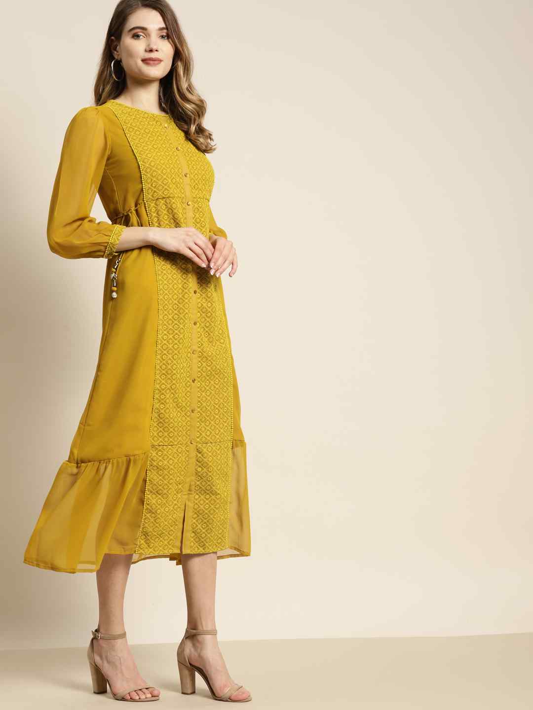 Juniper Mustard Georgette Embroidered A-Line Printed Dress - Juniper Fashion