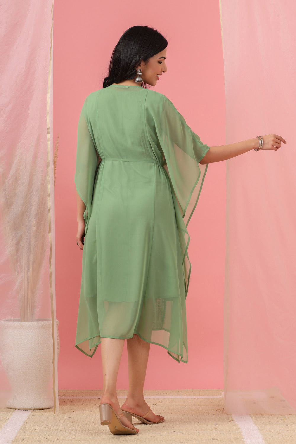 Juniper Sage Green Ethnic Motif Printed Georgette Kaftan With Thread Work Embroidery - Juniper Fashion