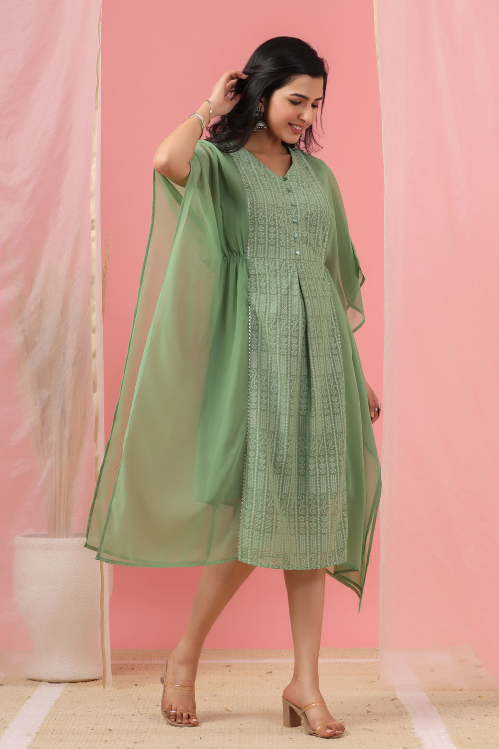 Juniper Sage Green Ethnic Motif Printed Georgette Kaftan With Thread Work Embroidery - Juniper Fashion