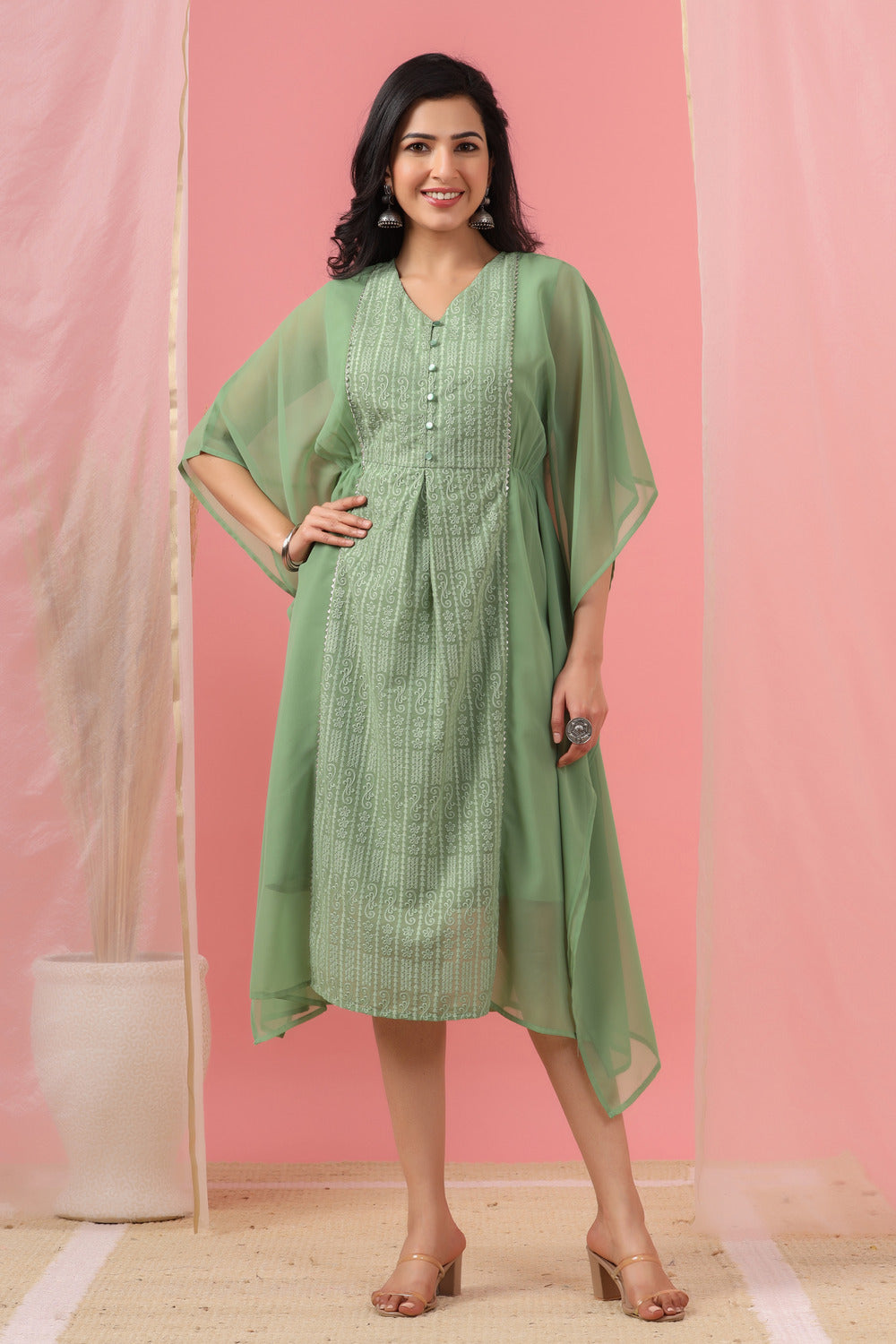 Juniper Sage Green Ethnic Motif Printed Georgette Kaftan With Thread Work Embroidery - Juniper Fashion