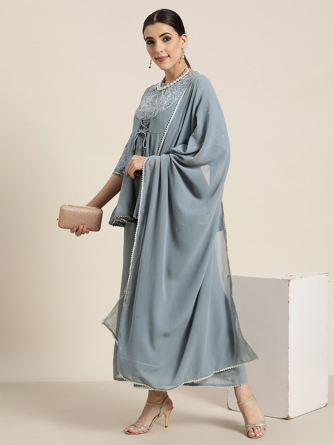 Juniper Grey Georgette Lacy Kurta Palazzo & Dupatta Set With Thread Embroidery On Yoke