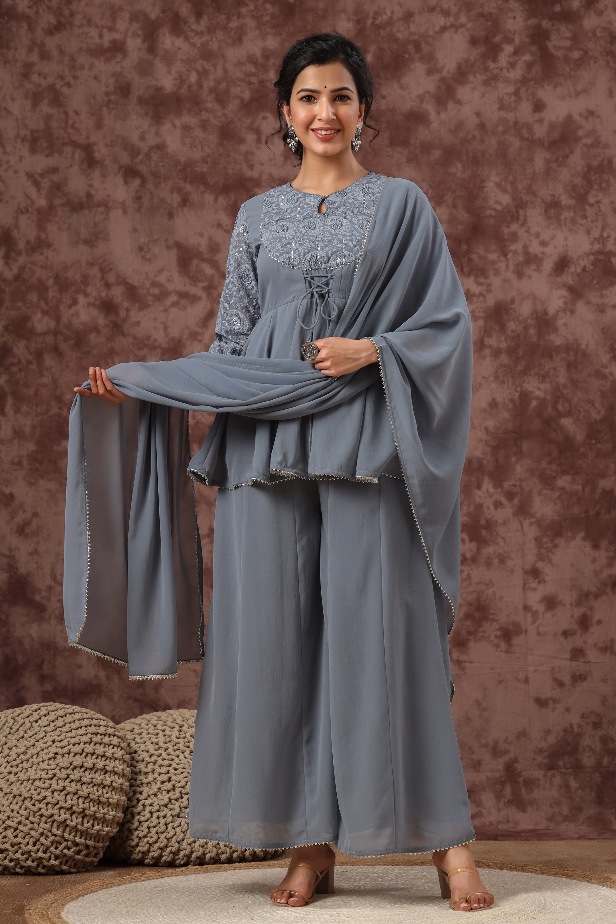 Juniper Grey Georgette Lacy Kurta Palazzo & Dupatta Set With Thread Embroidery On Yoke