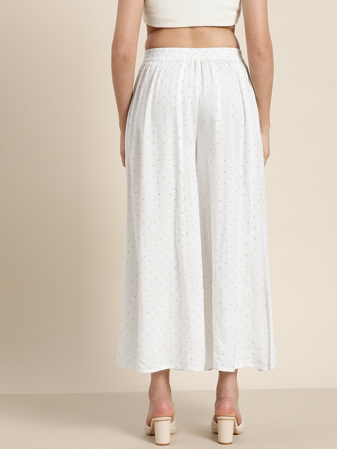 Juniper Off-White Polka Dot Printed Rayon Flared Palazzo