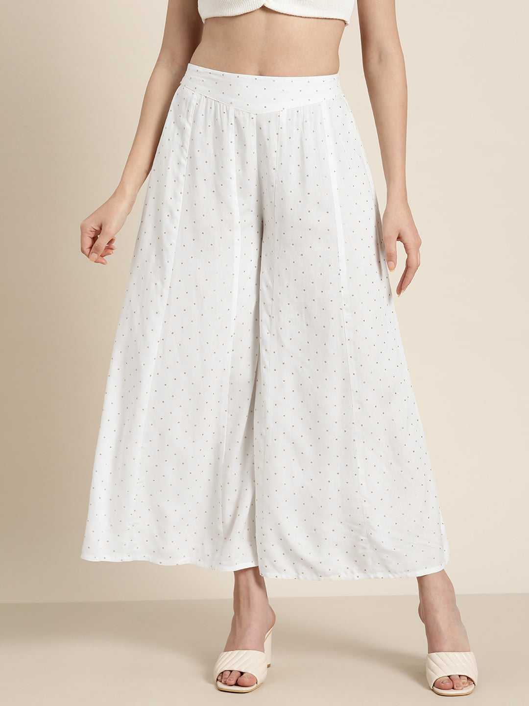 Juniper Off-White Polka Dot Printed Rayon Flared Palazzo