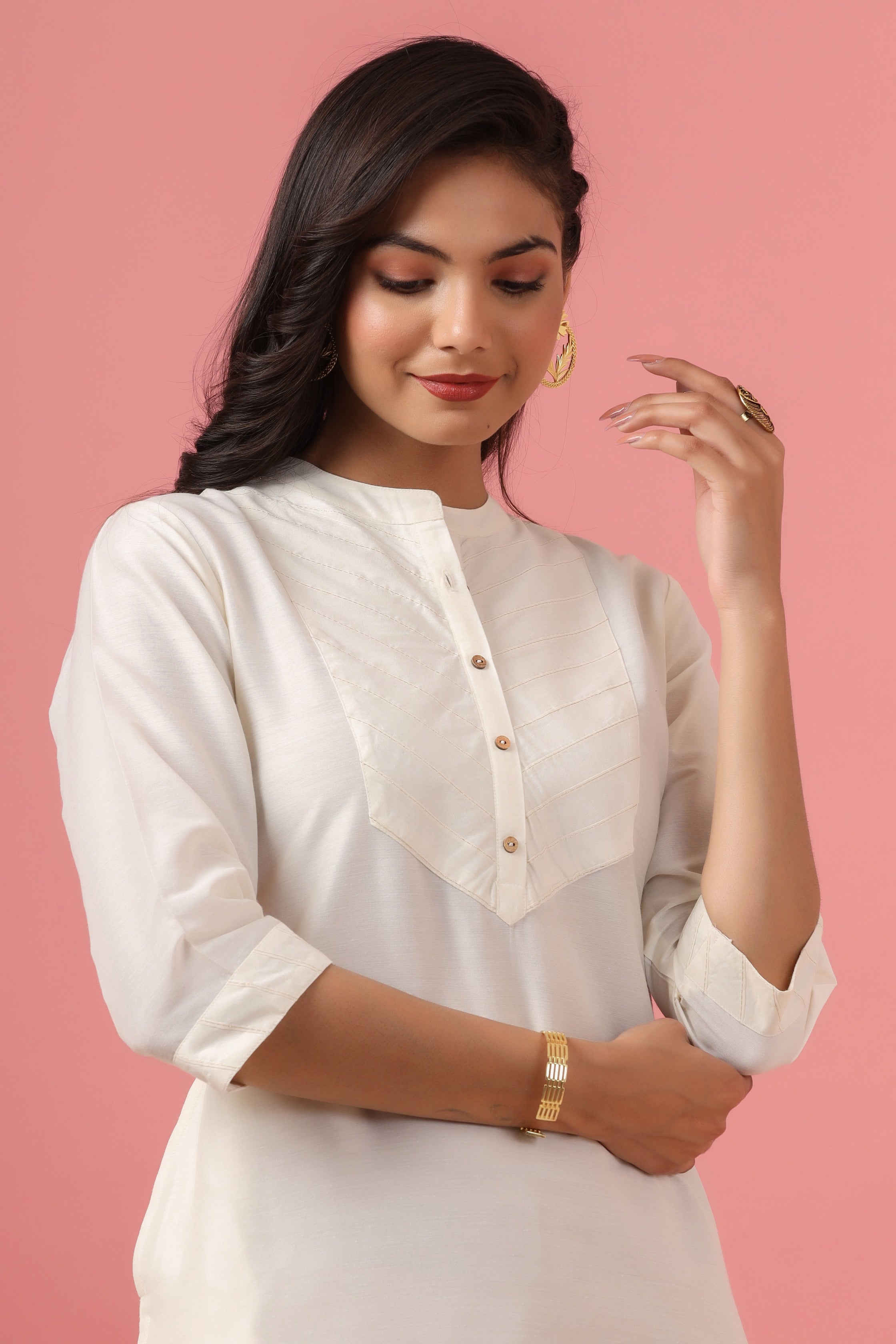 Juniper Women`s Beige Tussar Silk Solid Straight Kurta