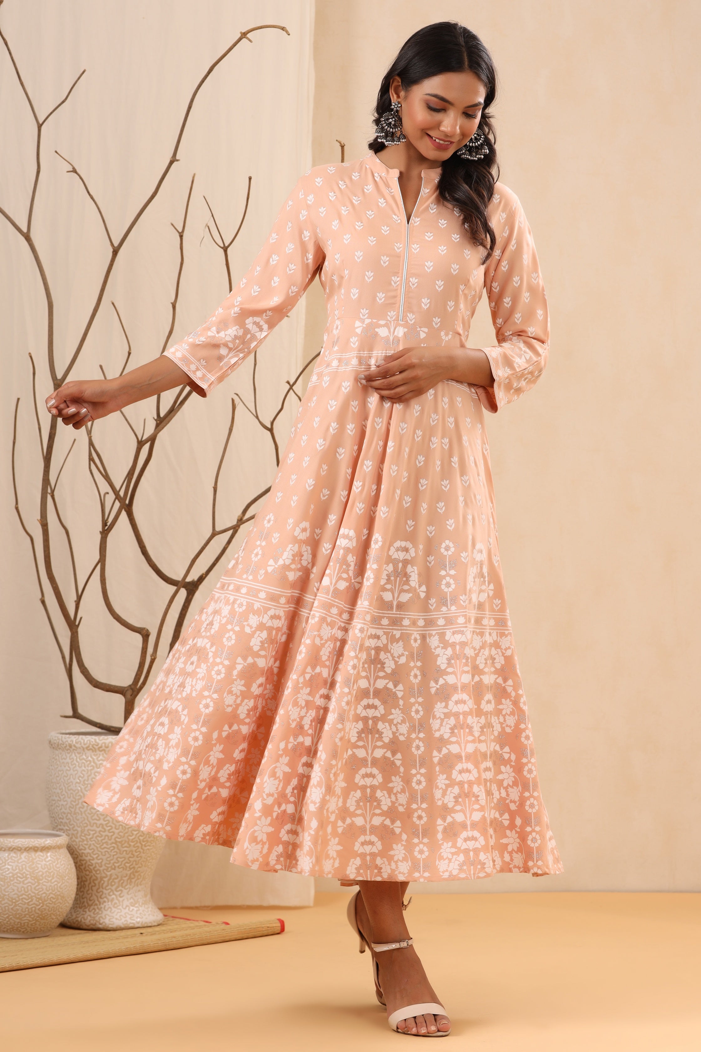 Juniper Peach Ethnic Motif Printed Rayon Maxi dress