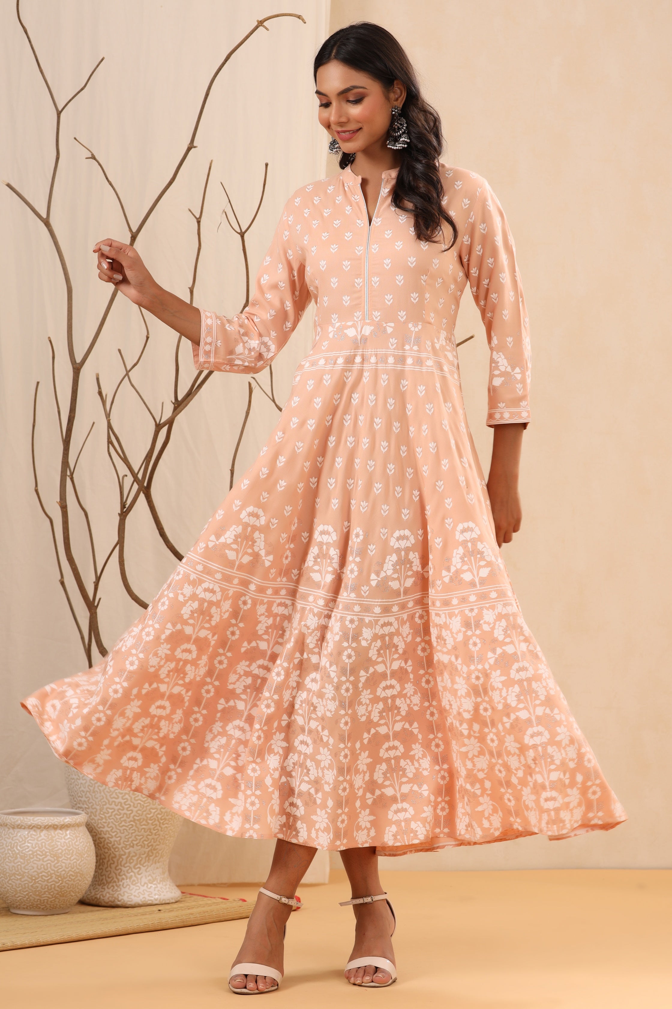 Juniper Peach Ethnic Motif Printed Rayon Maxi dress