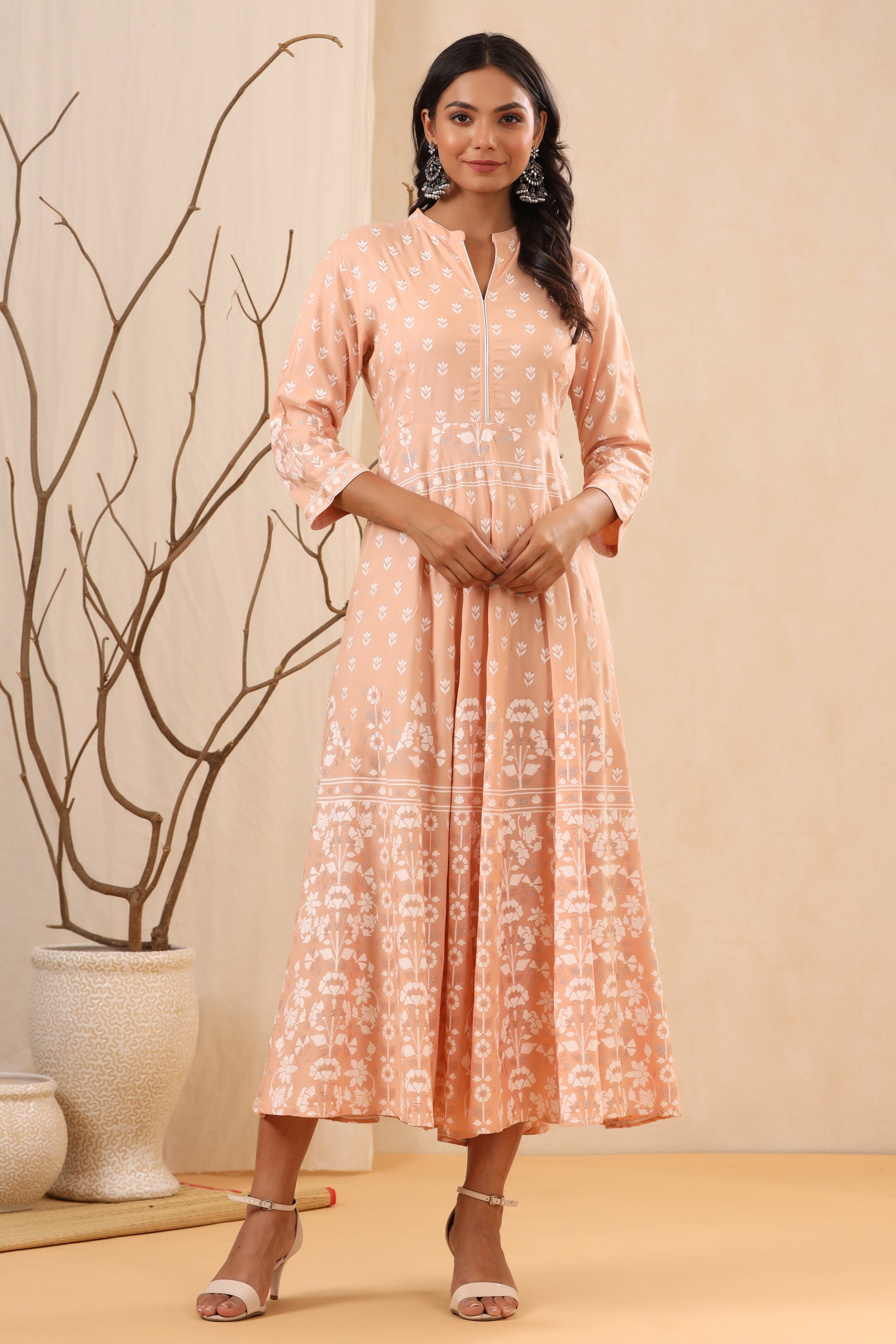 Juniper Peach Ethnic Motif Printed Rayon Maxi dress