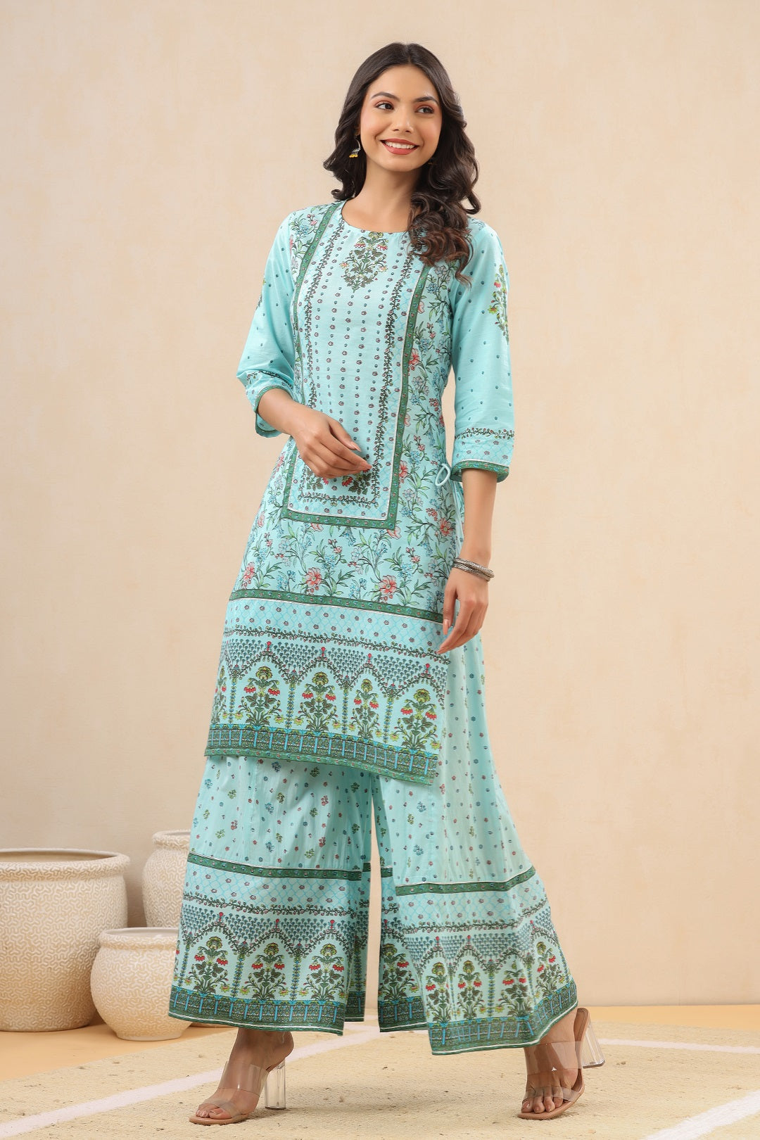 Juniper Women`s Skyblue Cambric Printed Straight Kurta Sets