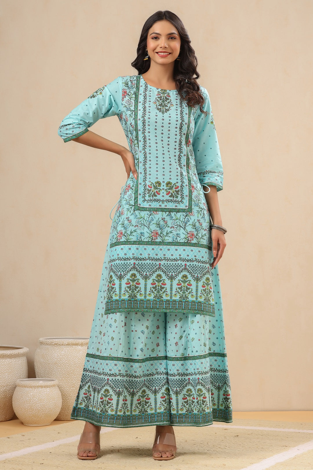 Juniper Women`s Skyblue Cambric Printed Straight Kurta Sets