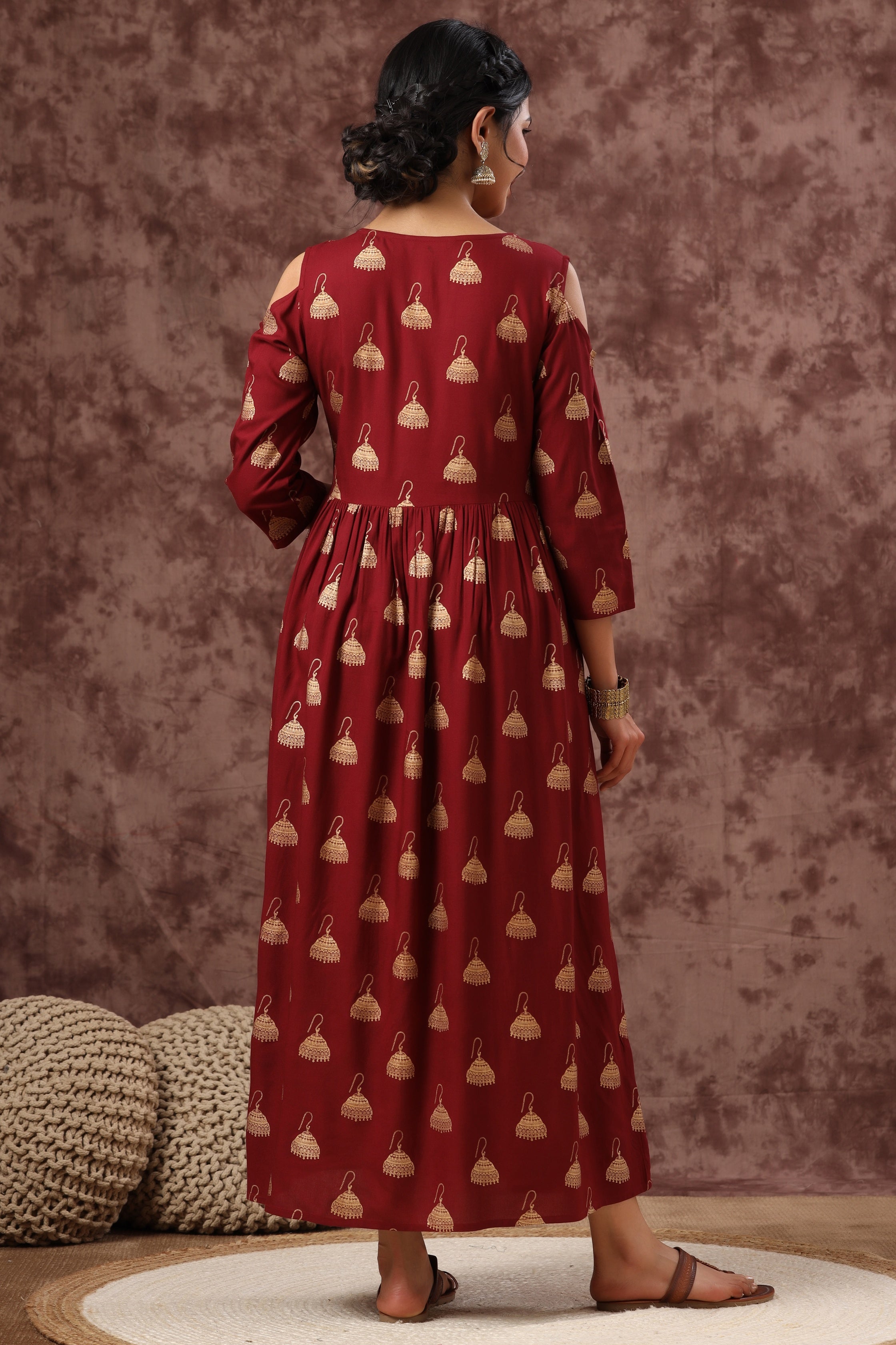 Juniper Women`s Maroon LIVA Rayon Printed Flared Dress