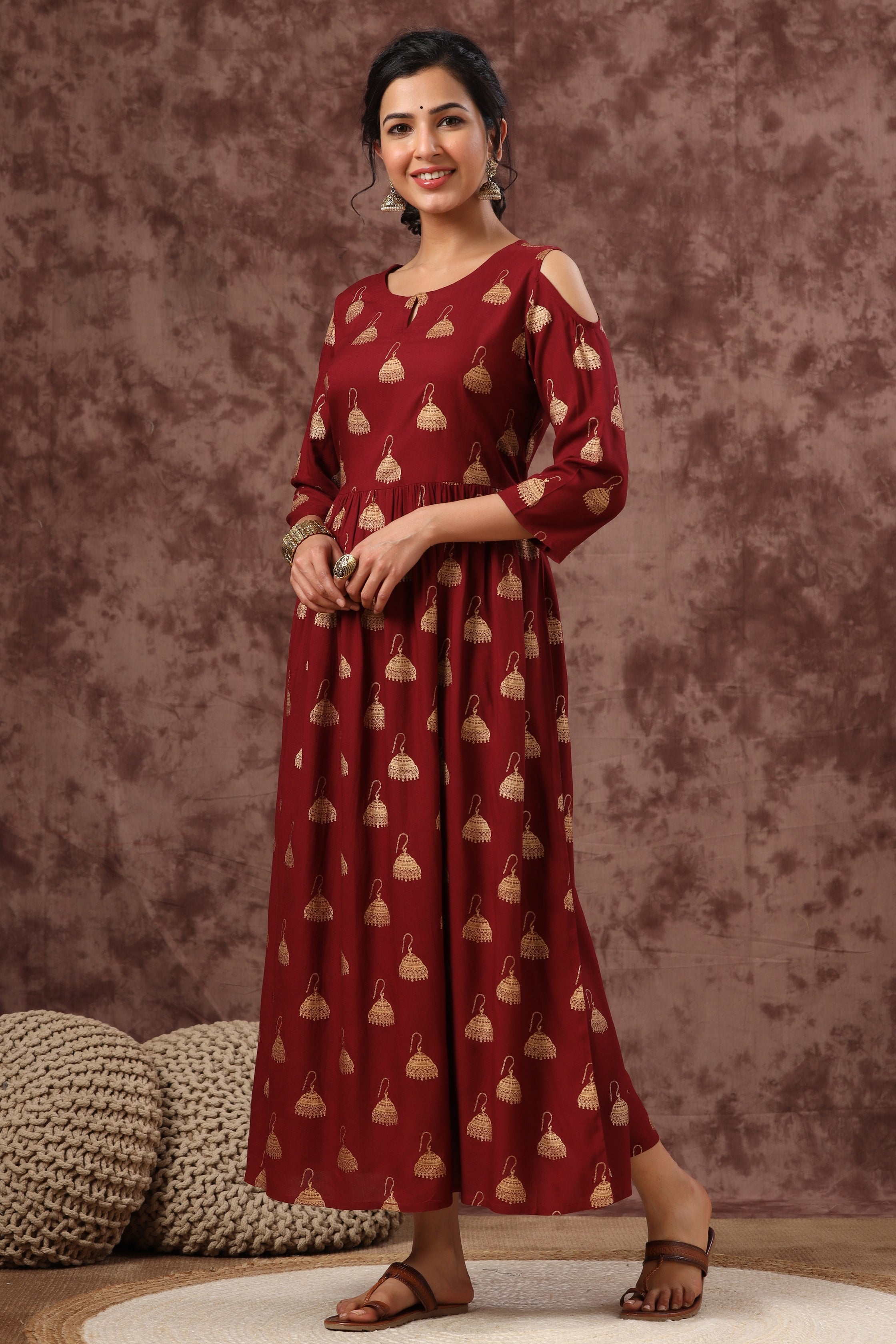 Juniper Women`s Maroon LIVA Rayon Printed Flared Dress