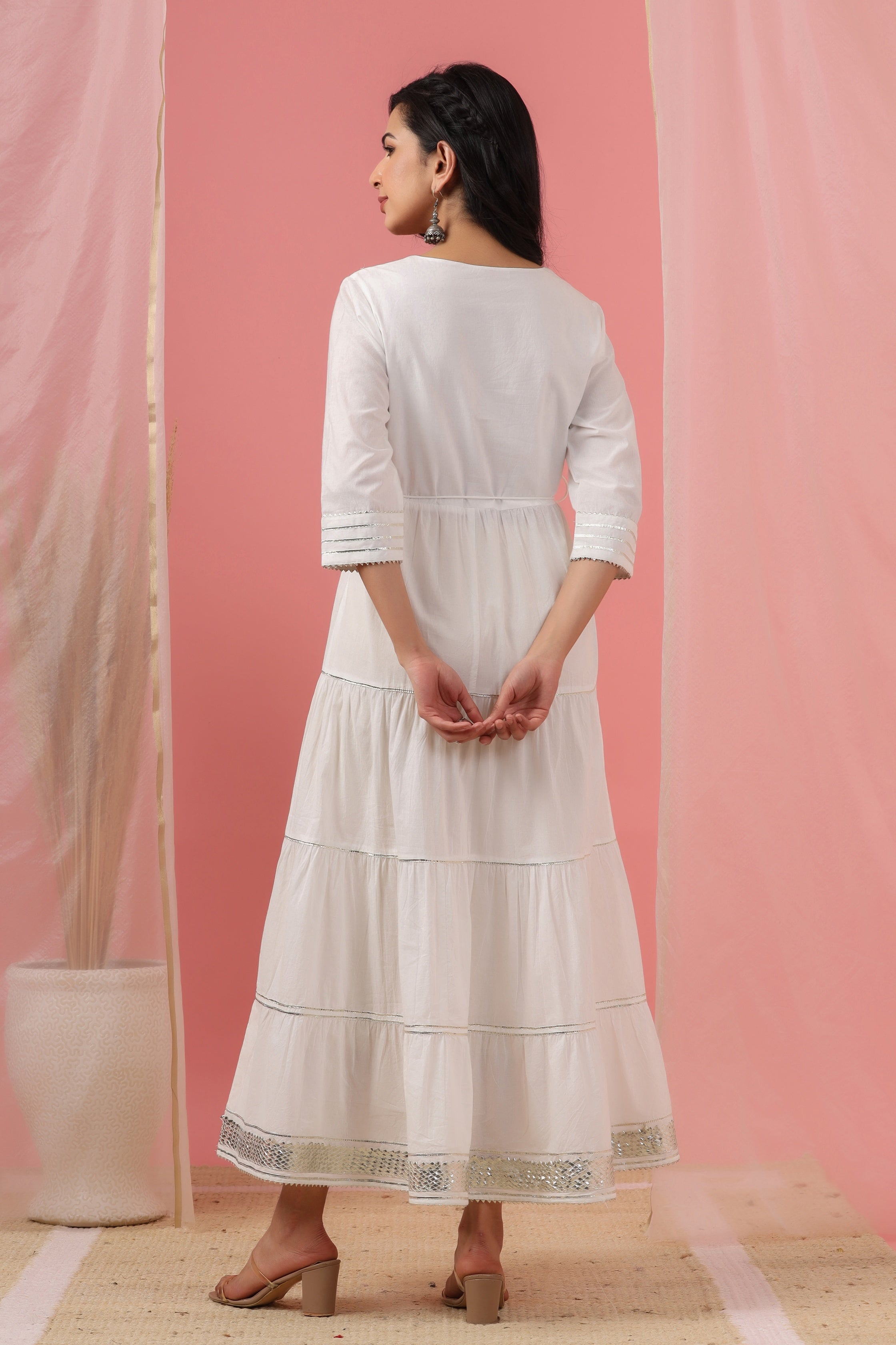 Juniper White Solid Pure Cotton Solid Tiered Maxi Dress With Gota Work Dori Tie-Up & Cushioned Tassels At Waist