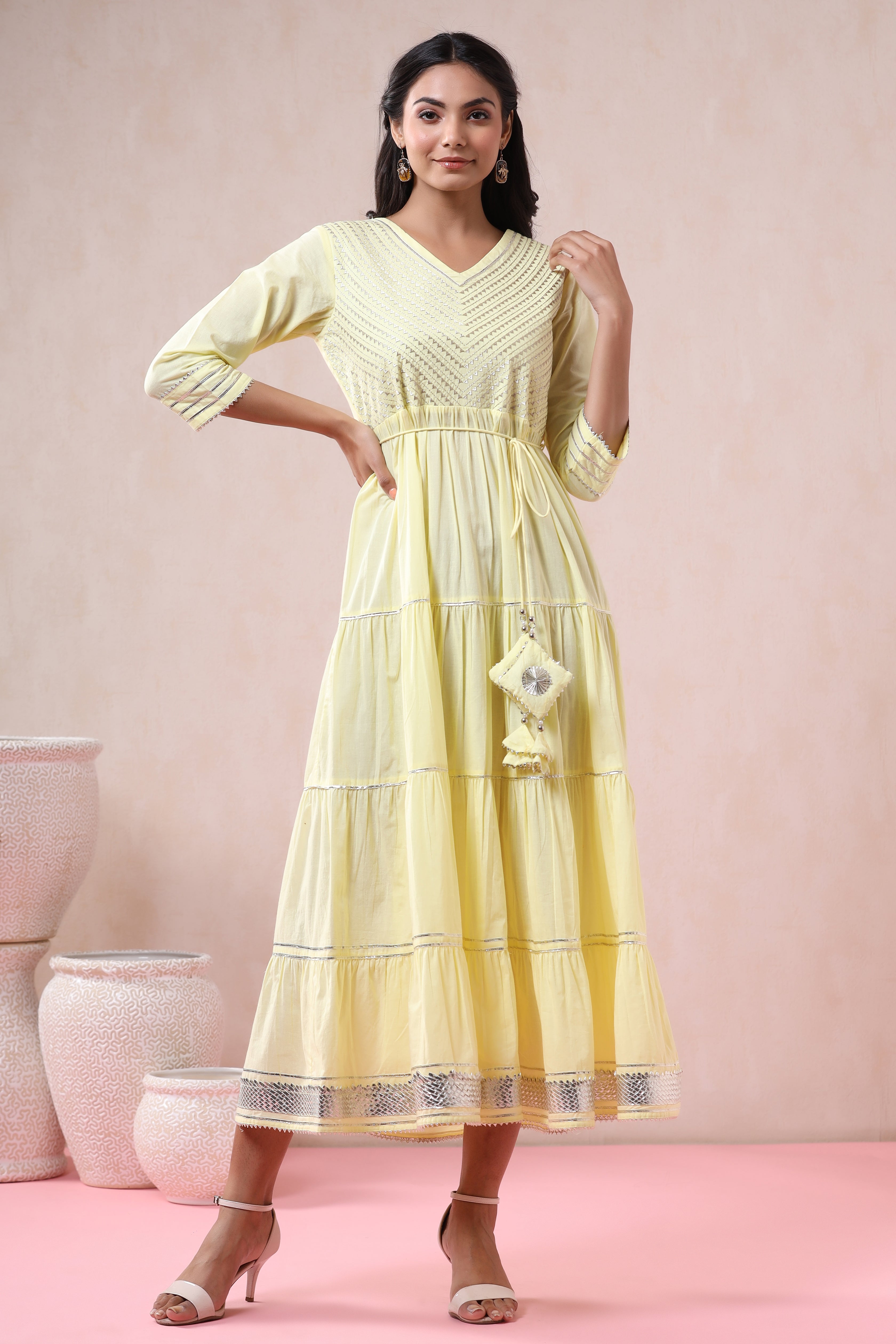 Juniper Yellow Solid Pure Cotton Solid Tiered Maxi Dress With Gota Work Dori Tie-Up & Cushioned Tassels At Waist
