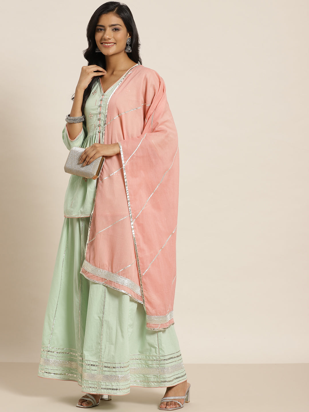 Juniper Women`s Pistagreen Cambric Embroidered Peplum Kurta Sets