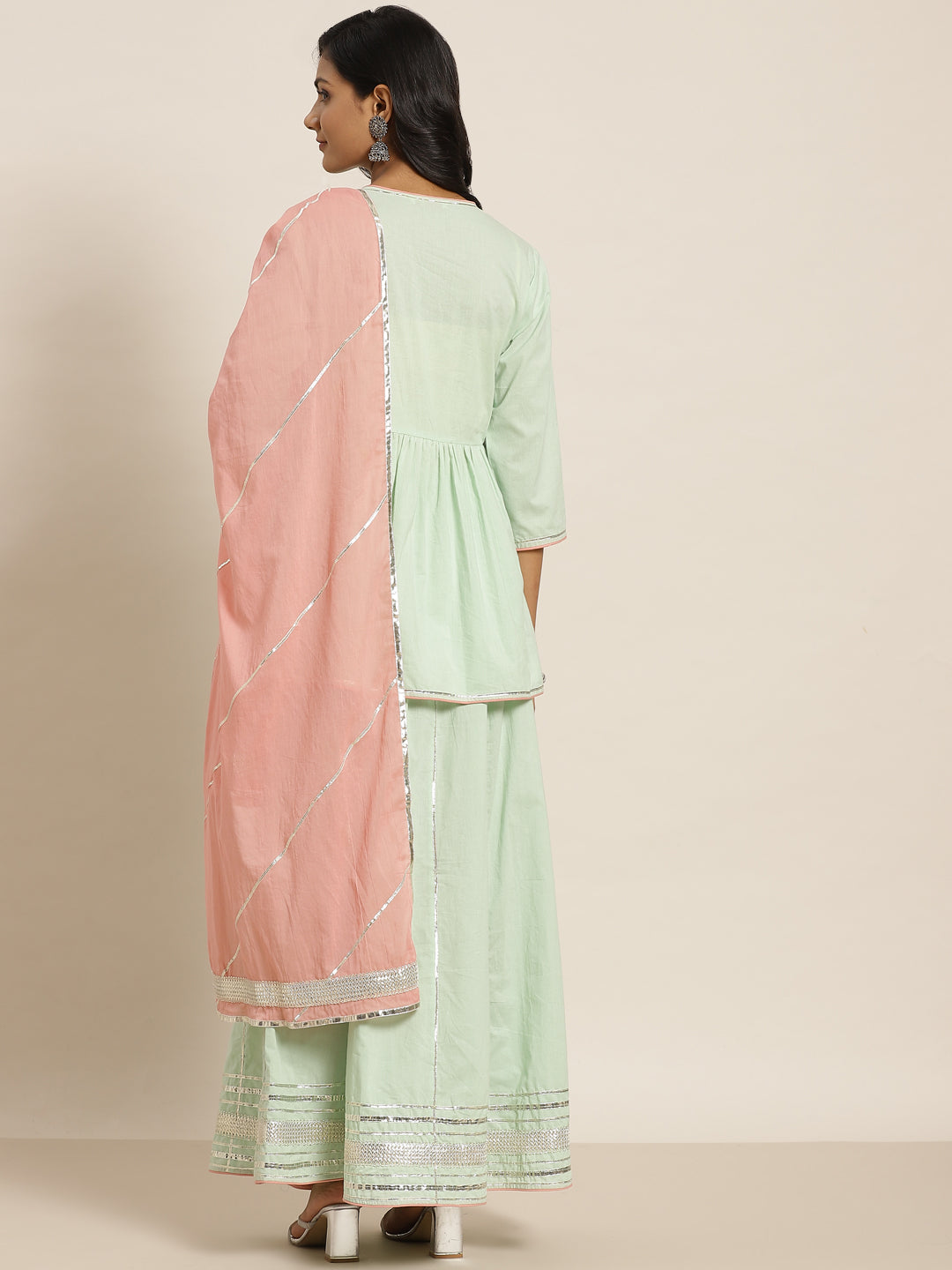 Juniper Women`s Pistagreen Cambric Embroidered Peplum Kurta Sets