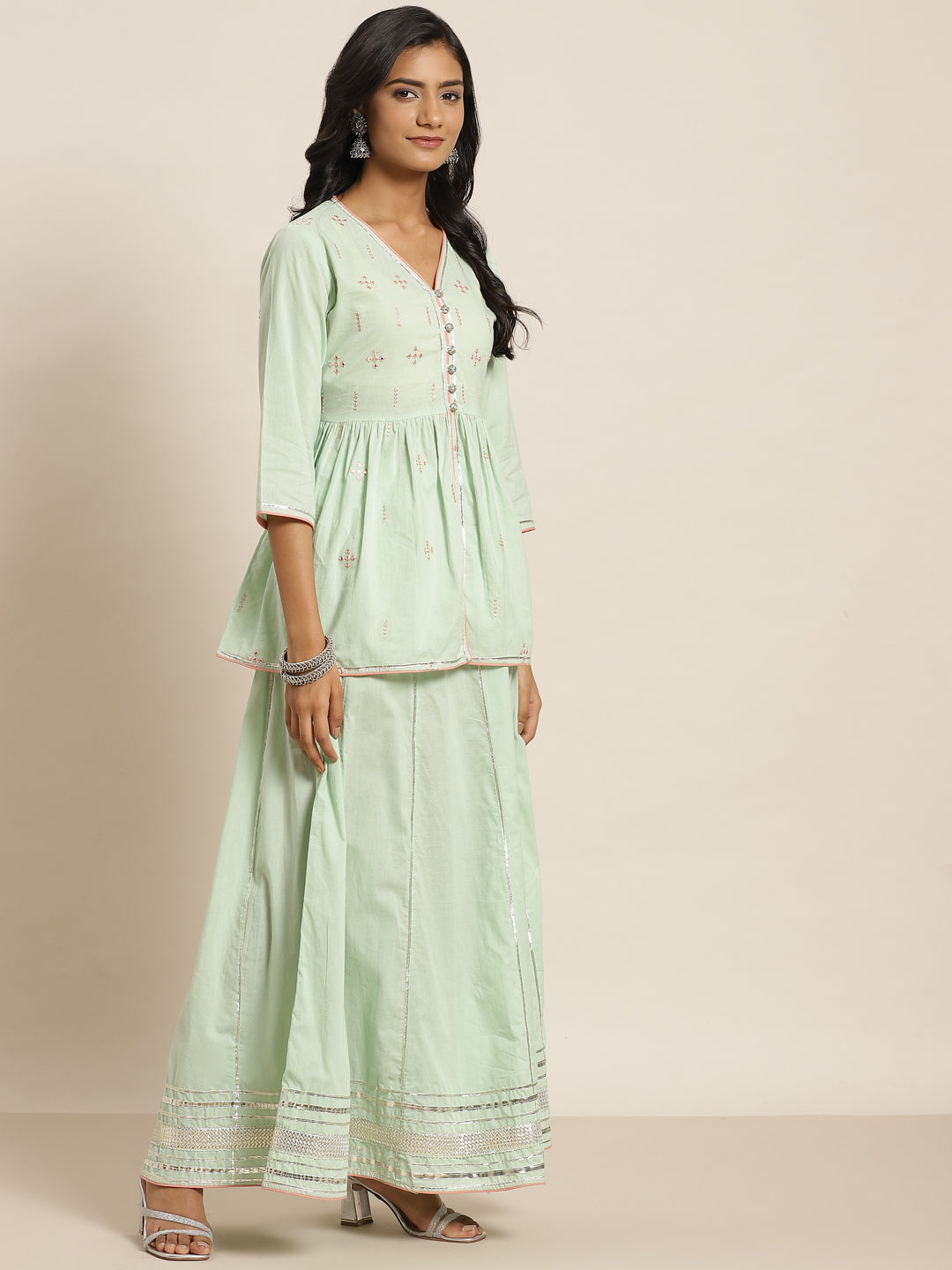 Juniper Women`s Pistagreen Cambric Embroidered Peplum Kurta Sets