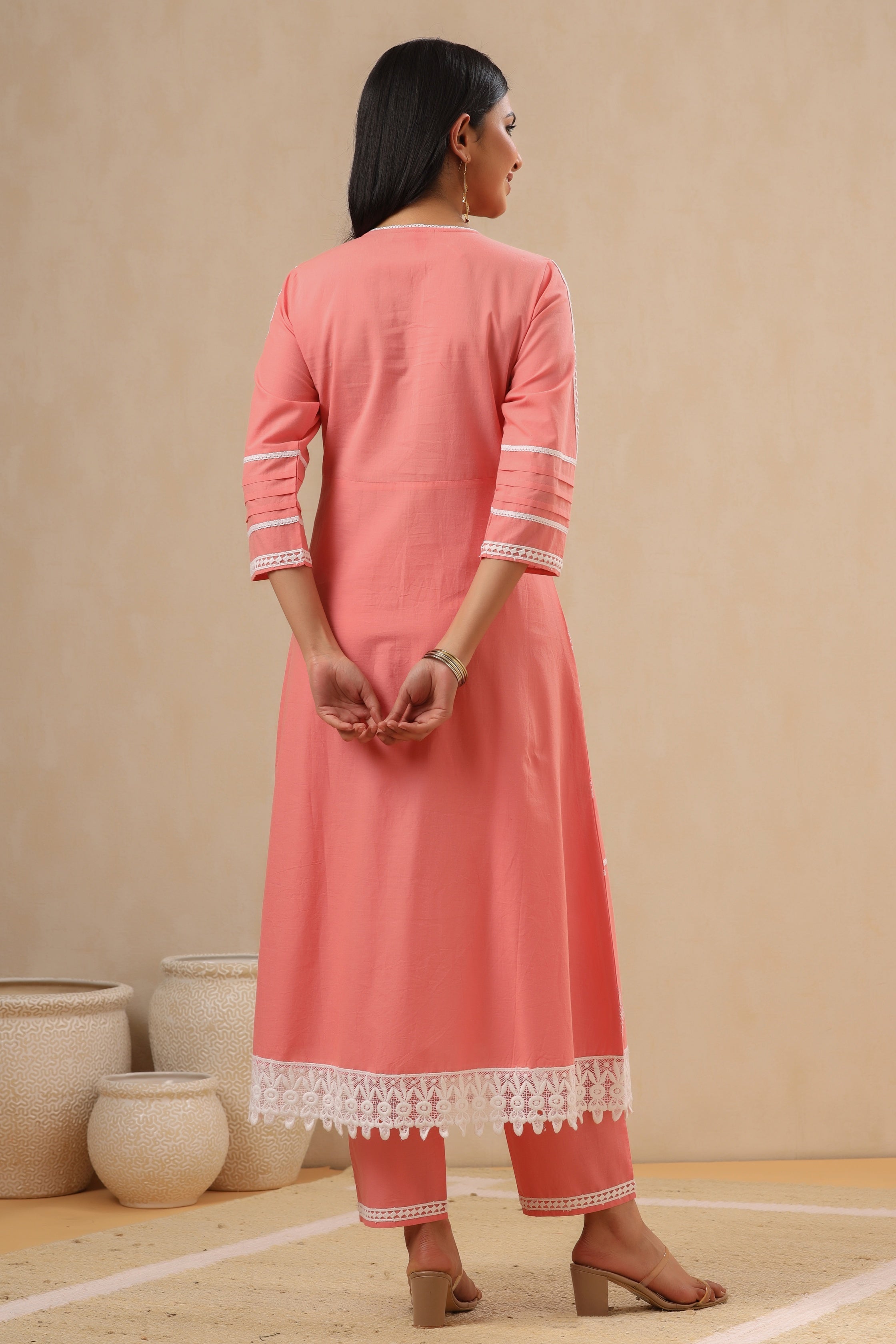 Juniper Pink Pure Cotton Lacy Kurta & Pants With Thread Embroidery