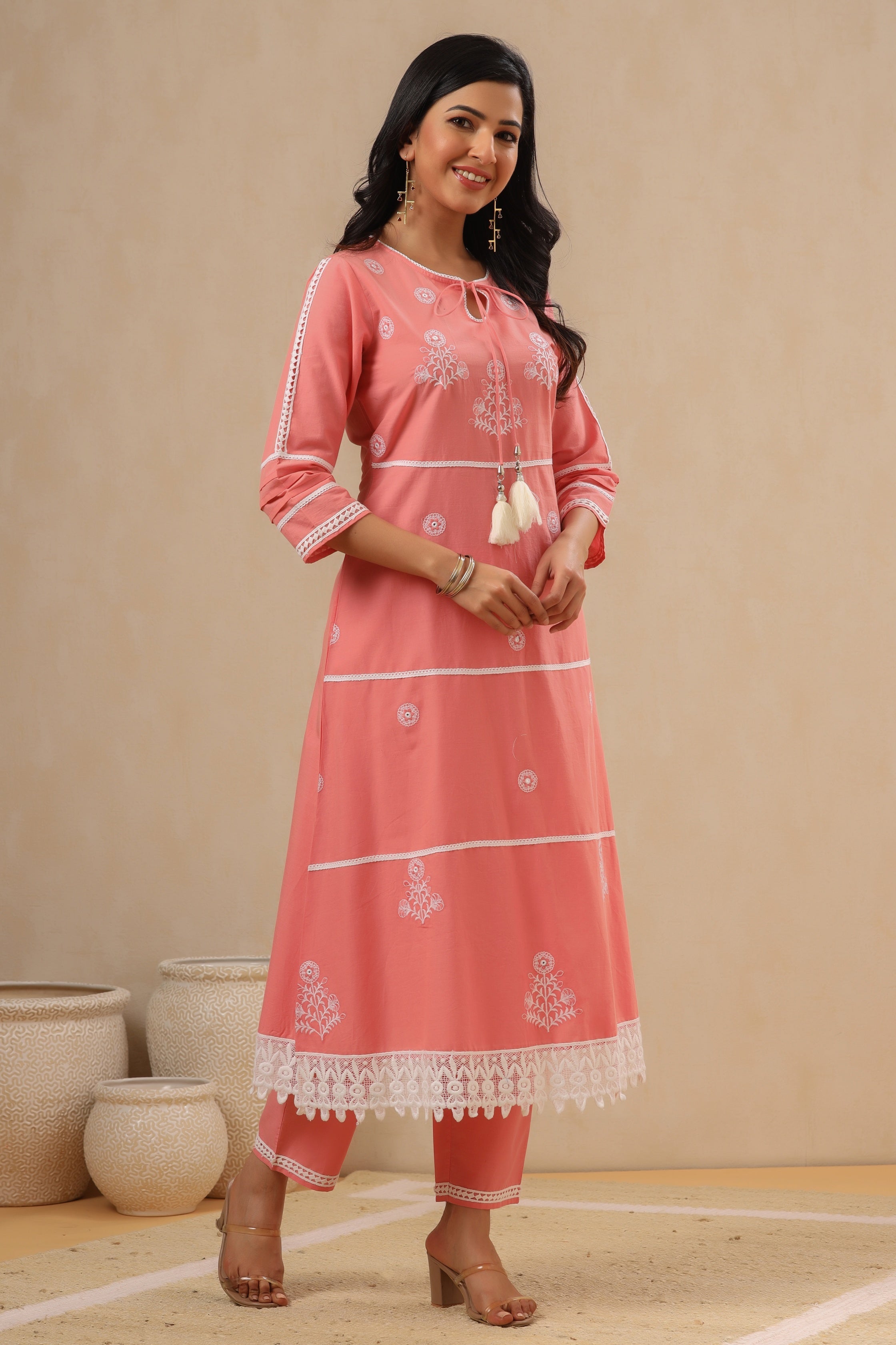 Juniper Pink Pure Cotton Lacy Kurta & Pants With Thread Embroidery