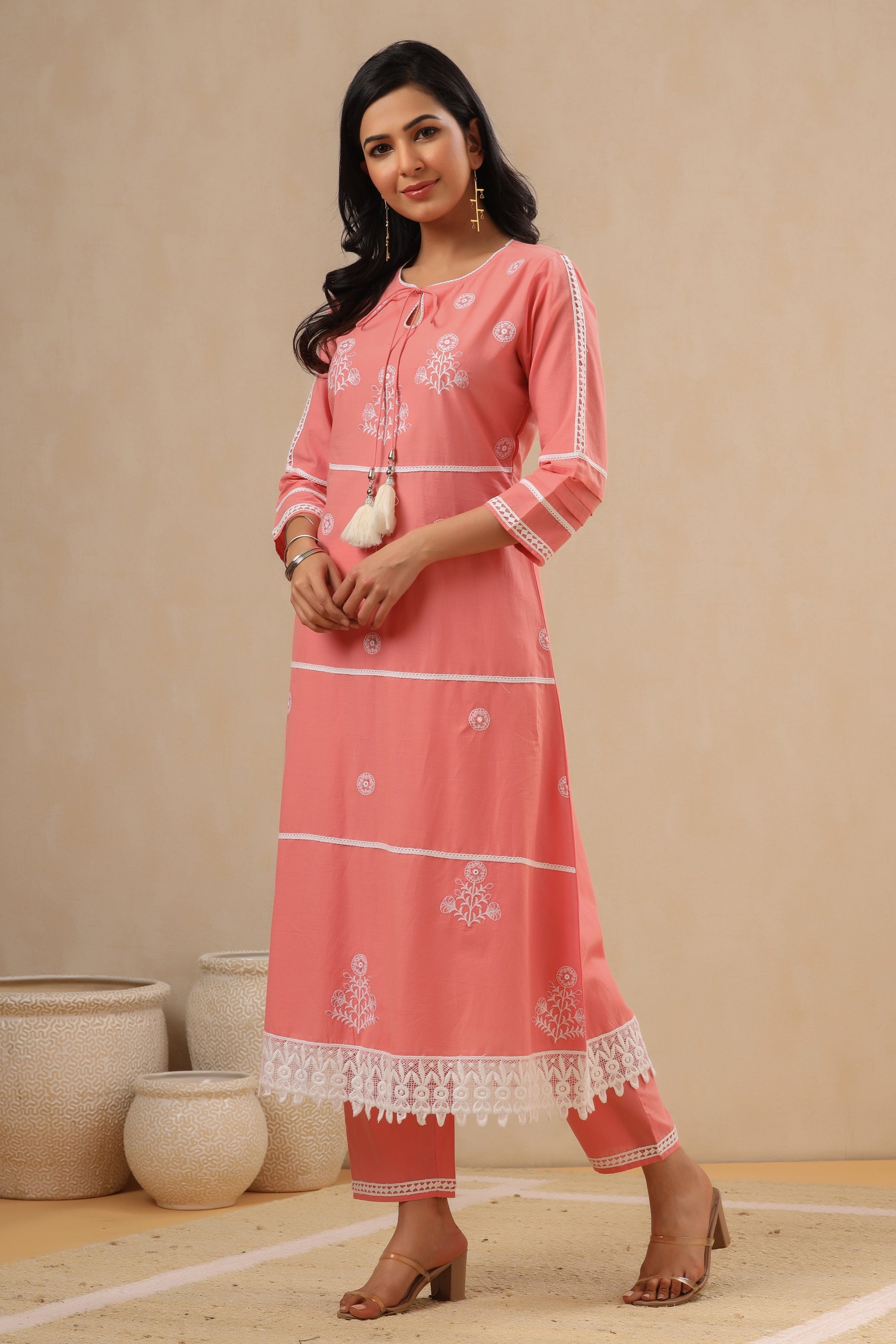 Juniper Pink Pure Cotton Lacy Kurta & Pants With Thread Embroidery