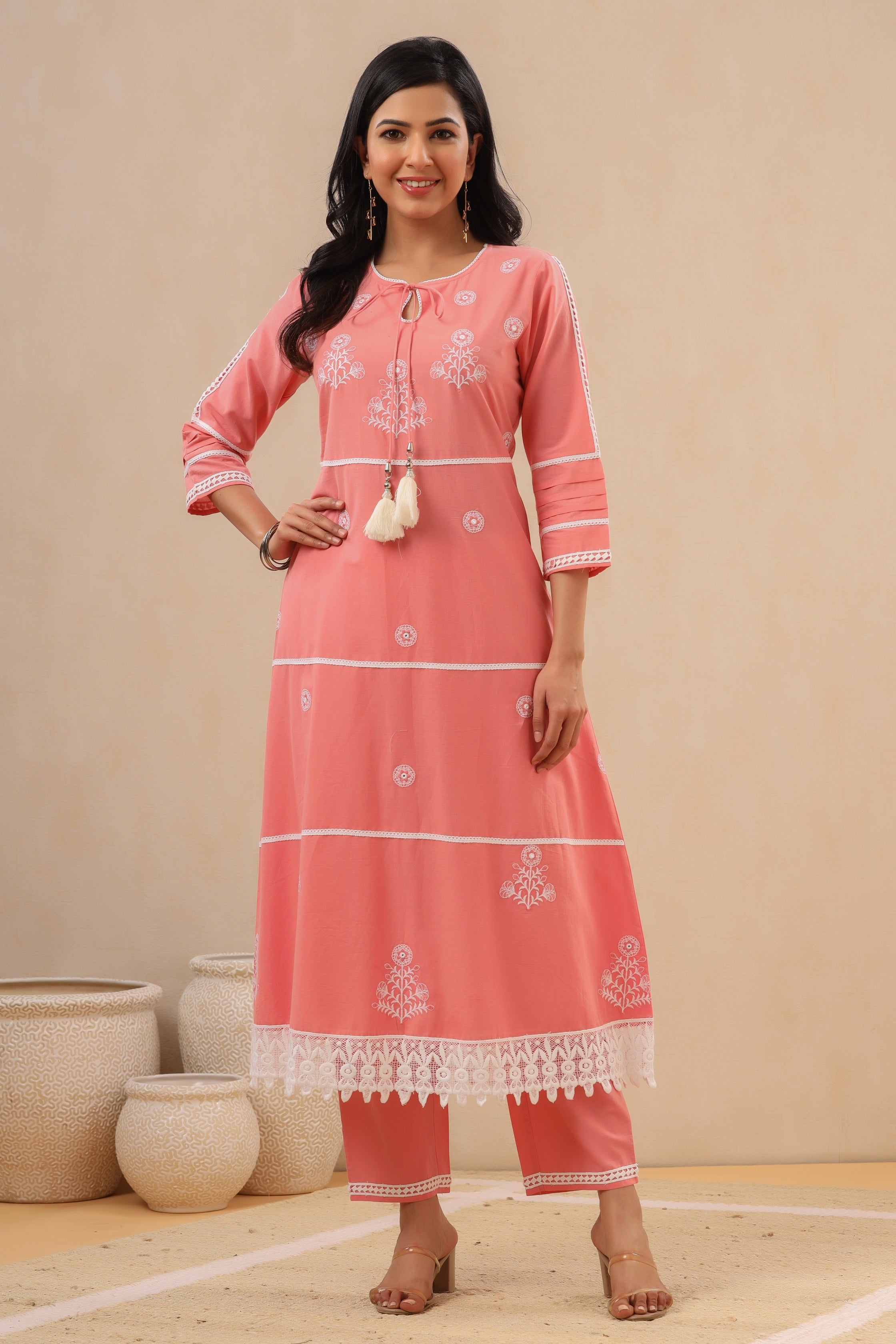 Juniper Pink Pure Cotton Lacy Kurta & Pants With Thread Embroidery