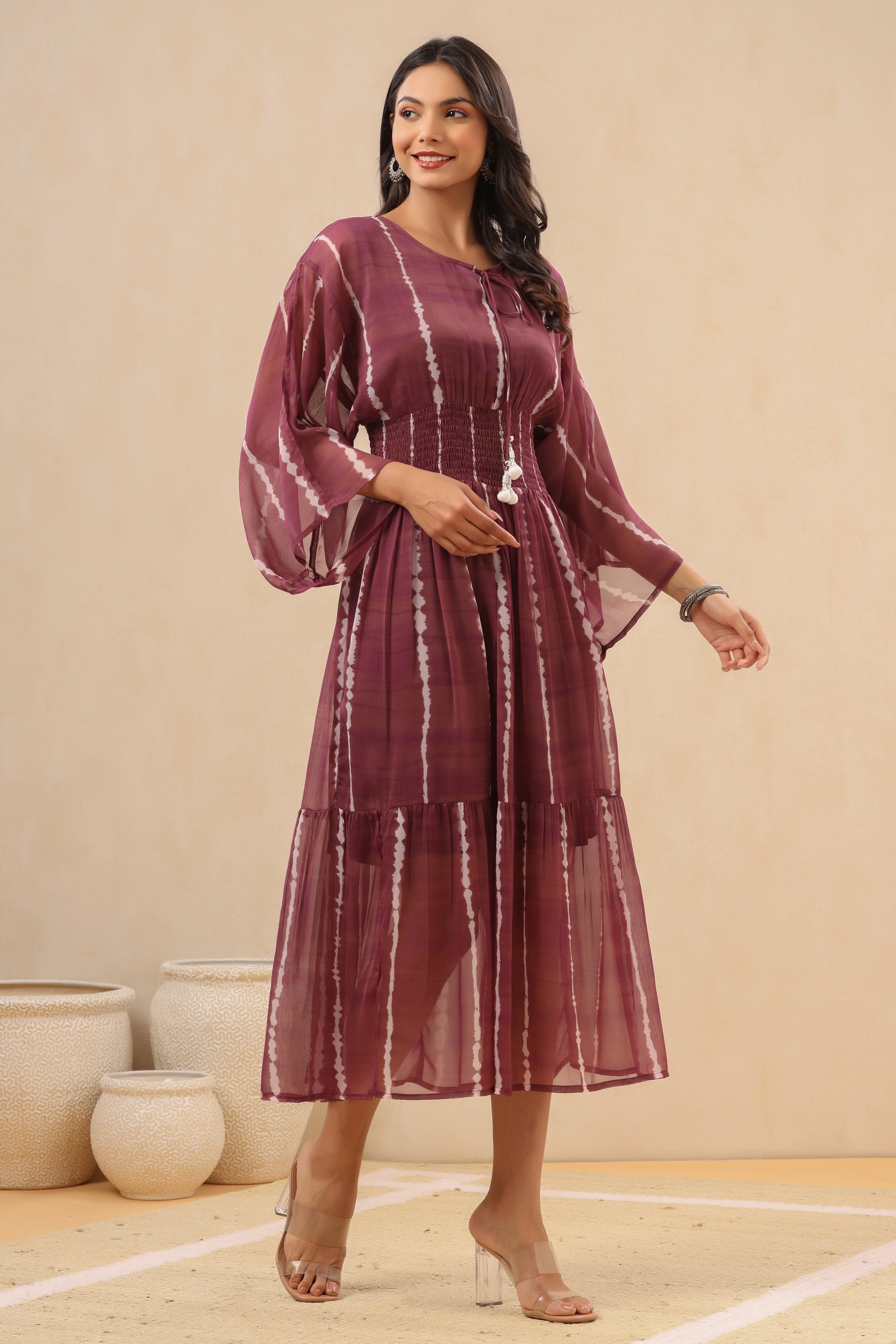 Juniper Women`s Purple Chiffon Printed Tiered Dress