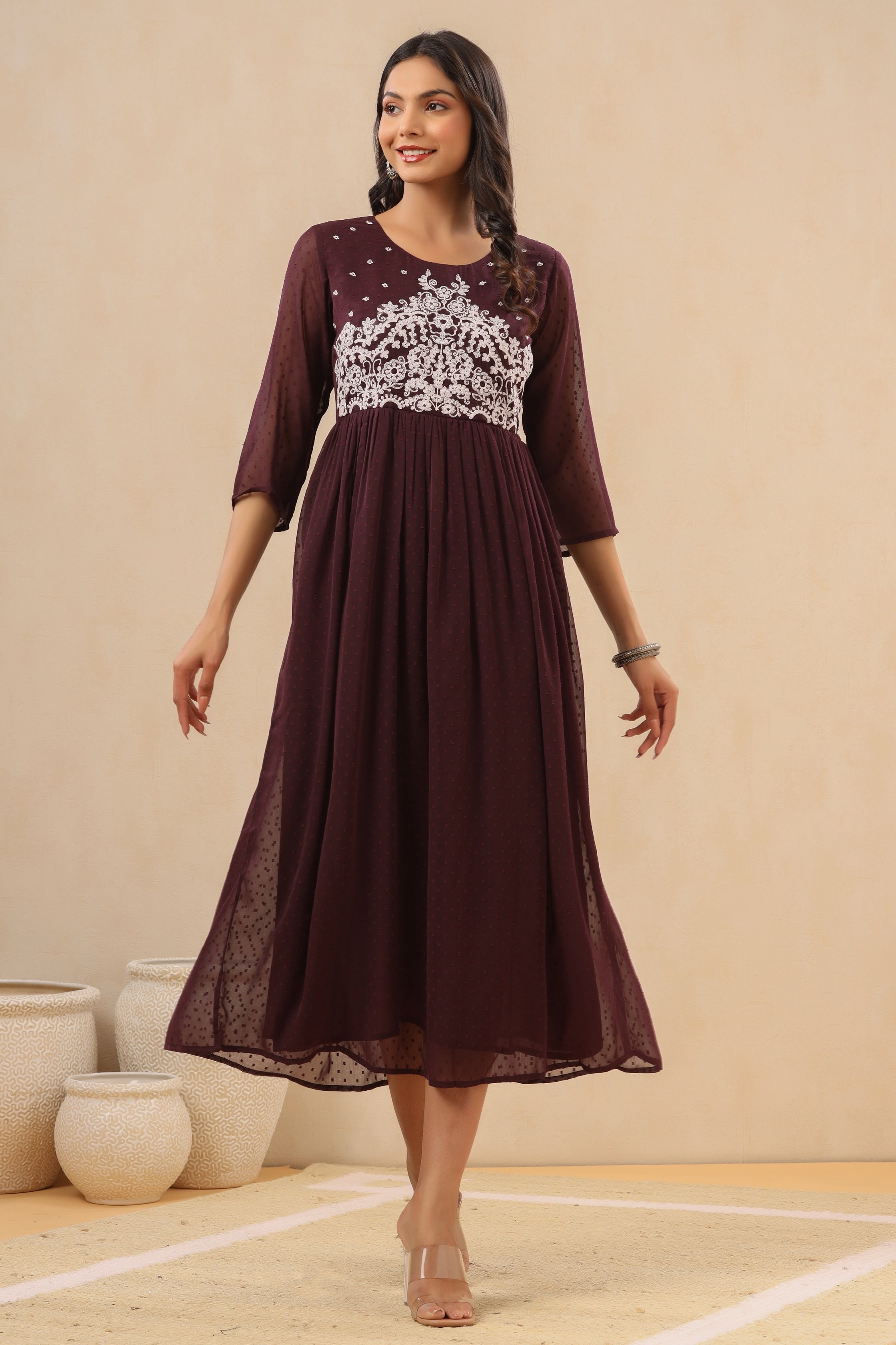 Juniper Women`s Purple Chiffon Solid Flared Dress