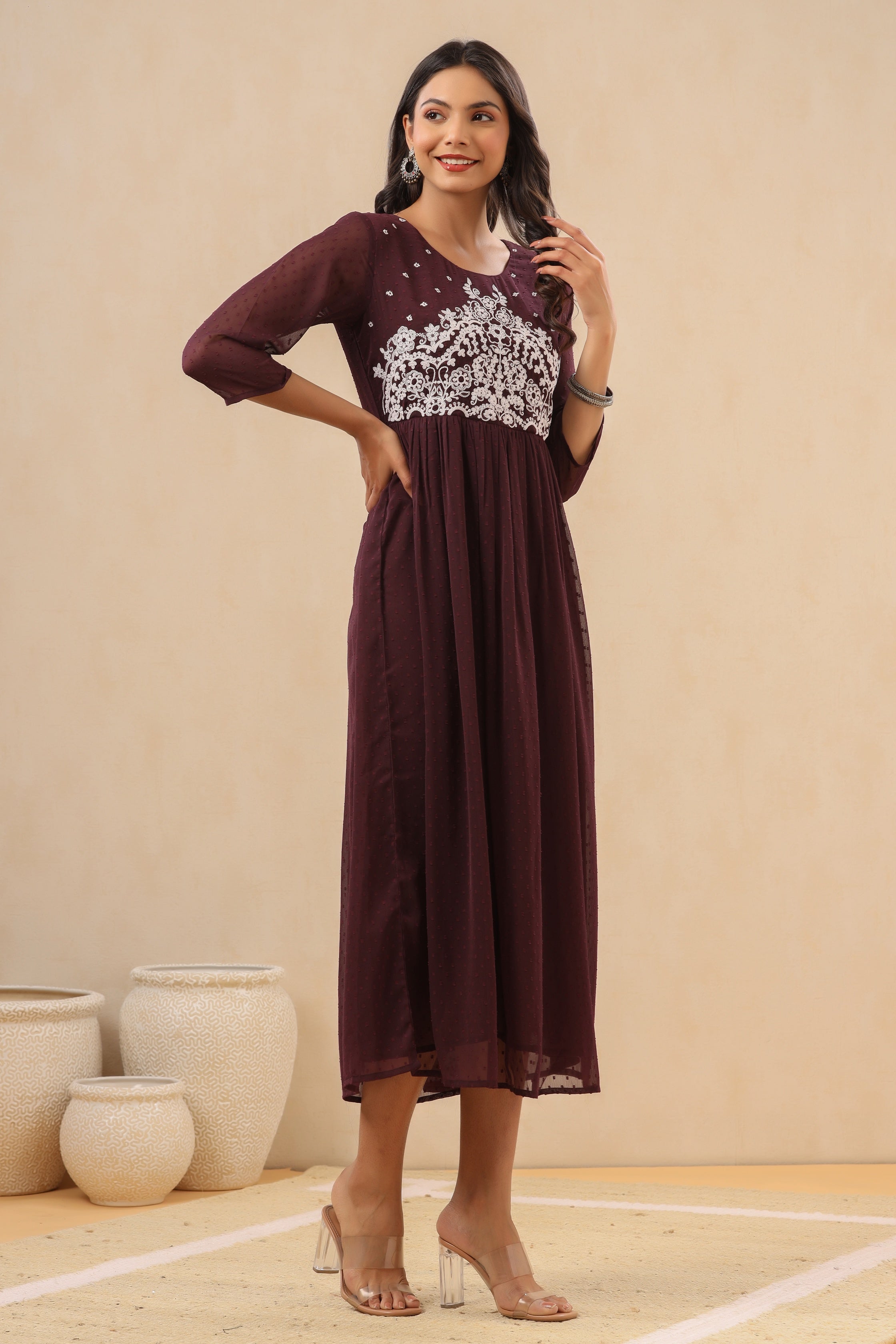 Juniper Women`s Purple Chiffon Solid Flared Dress