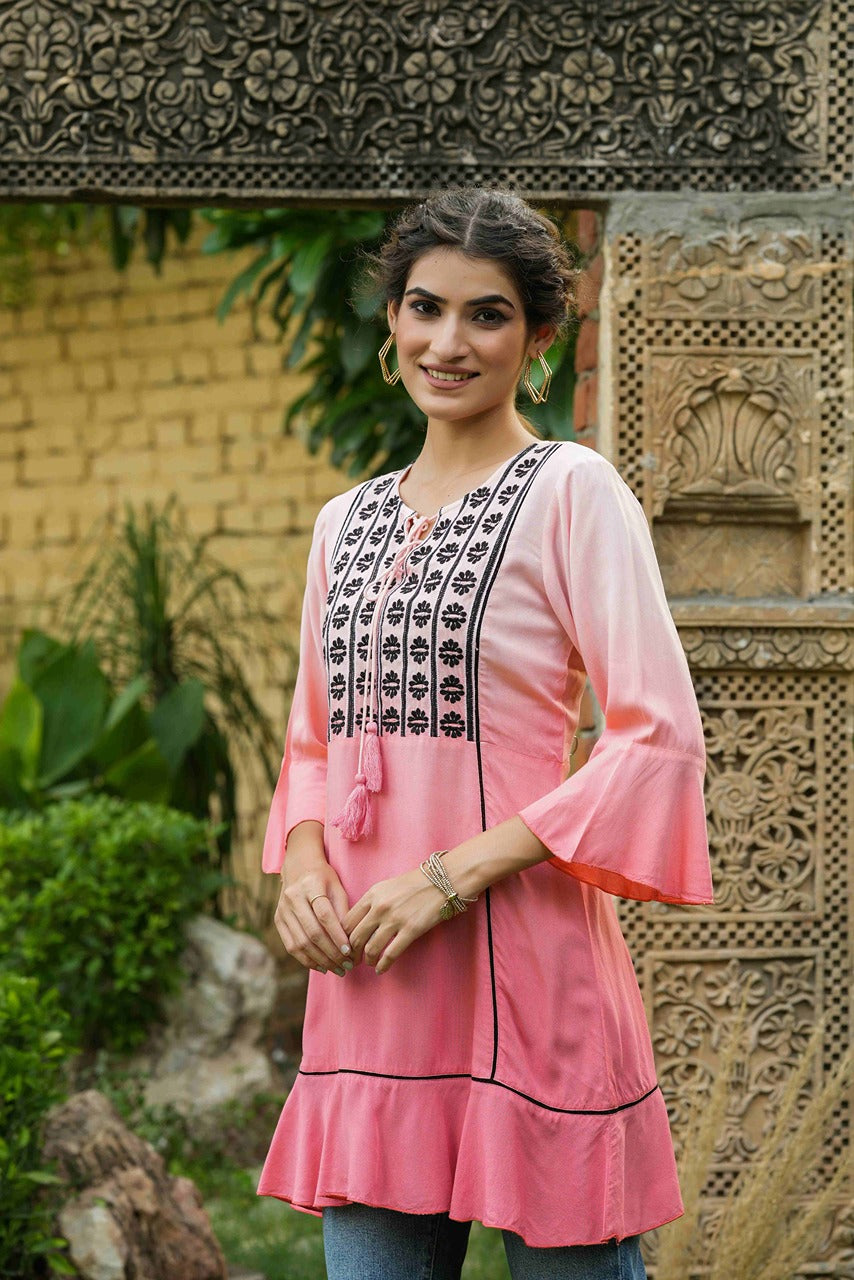 Juniper Peach Rayon Ombre A-Line Tunic With Embroidered Yoke