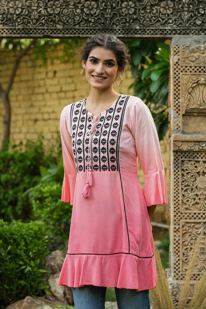 Juniper Peach Rayon Ombre A-Line Tunic With Embroidered Yoke