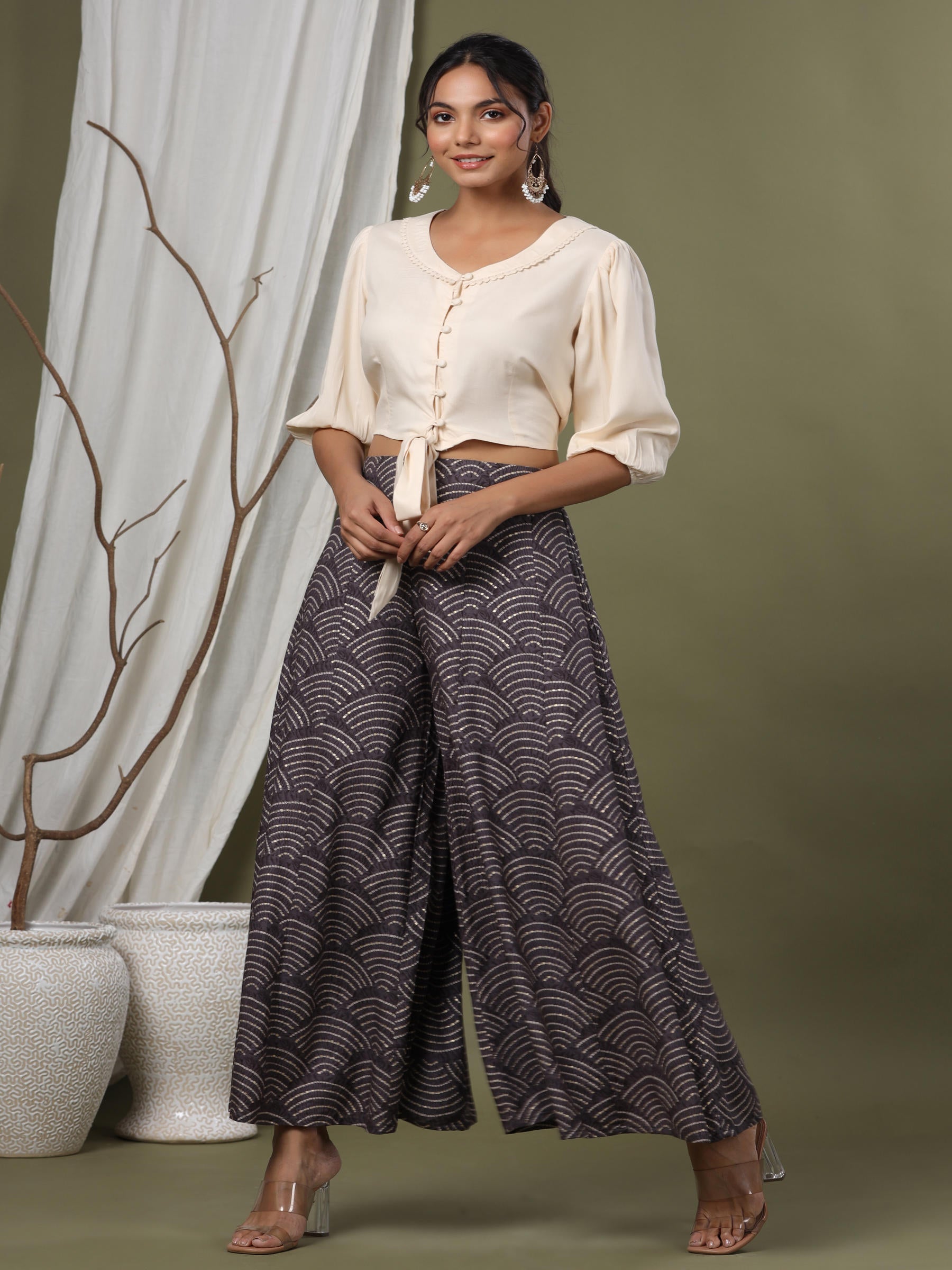 Juniper Grey Ethnic Motif Printed Rayon Flared & Kalidar Palazzo