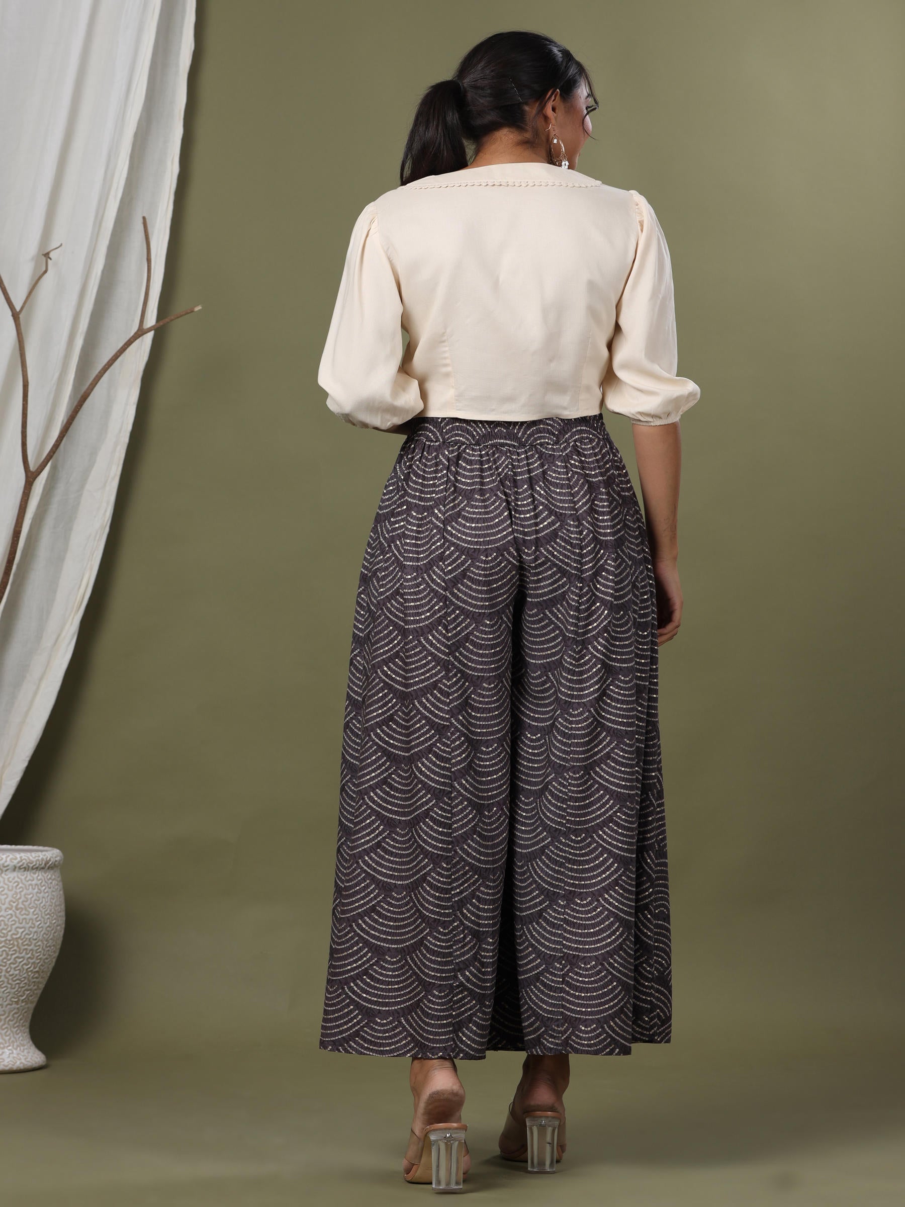 Juniper Grey Ethnic Motif Printed Rayon Flared & Kalidar Palazzo