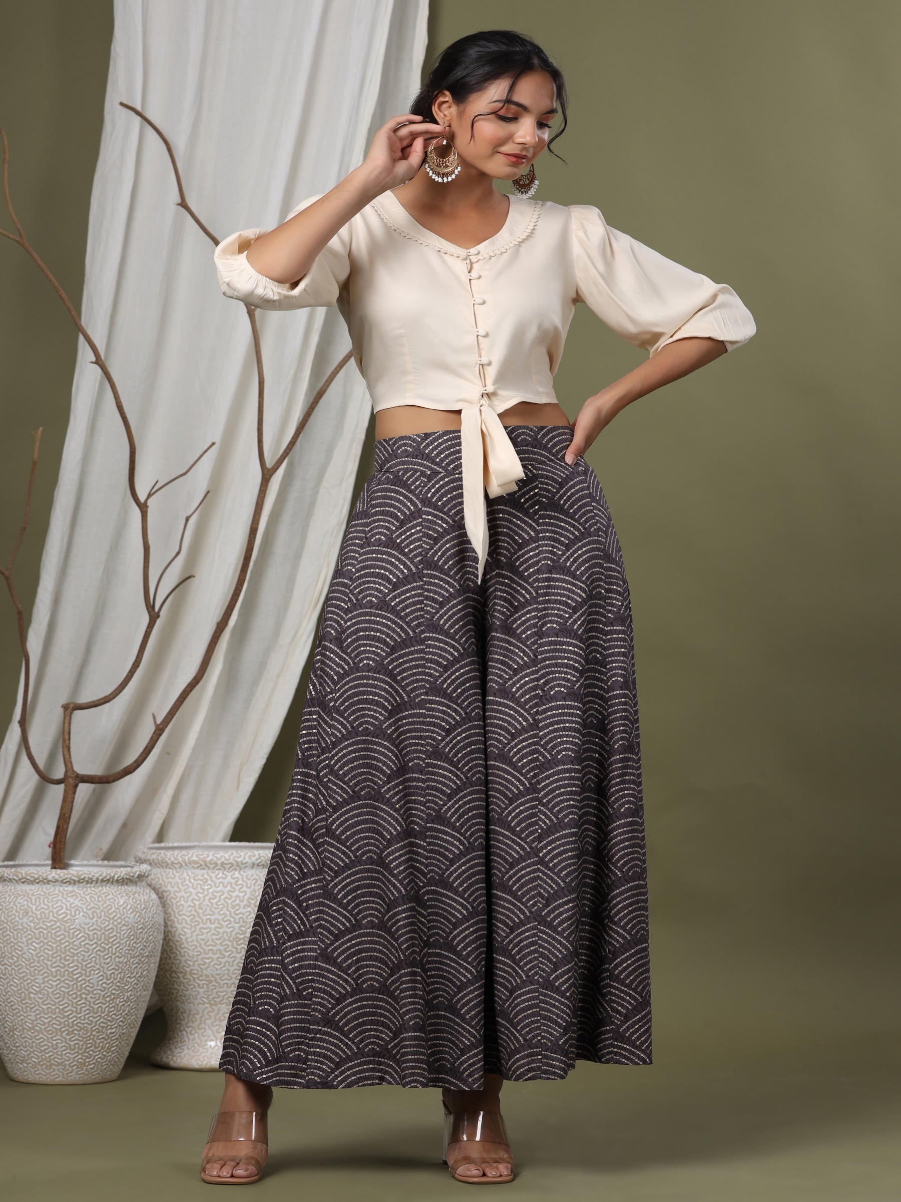 Juniper Grey Ethnic Motif Printed Rayon Flared & Kalidar Palazzo