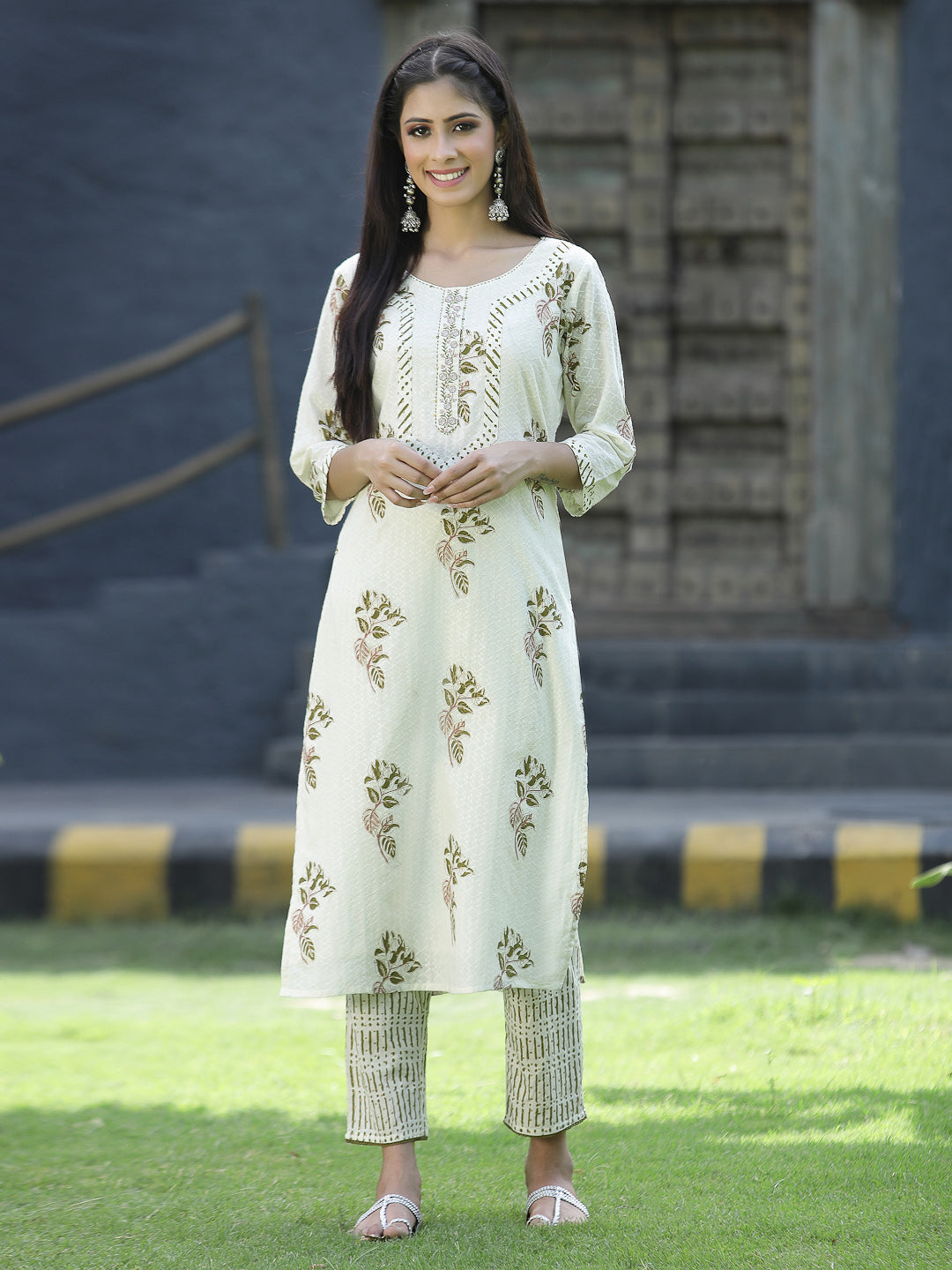 Juniper Off White Cotton Dobby Festive Printed Straight Kurta Sets For Women