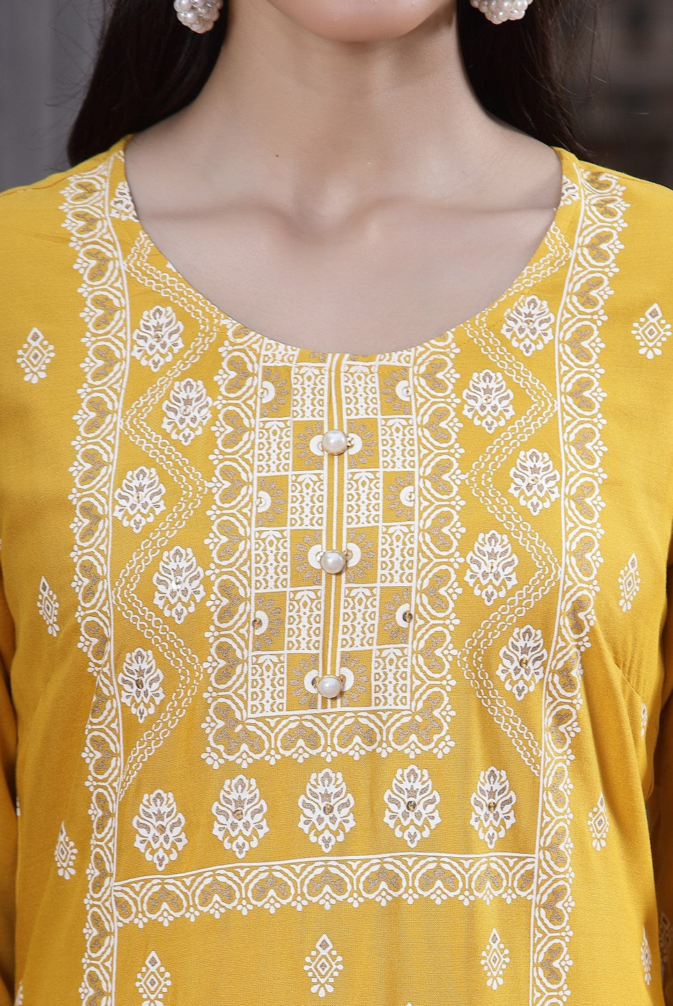 Mustard Ethnic Motif Printed Liva Rayon Kurta With Sequins & Buttons