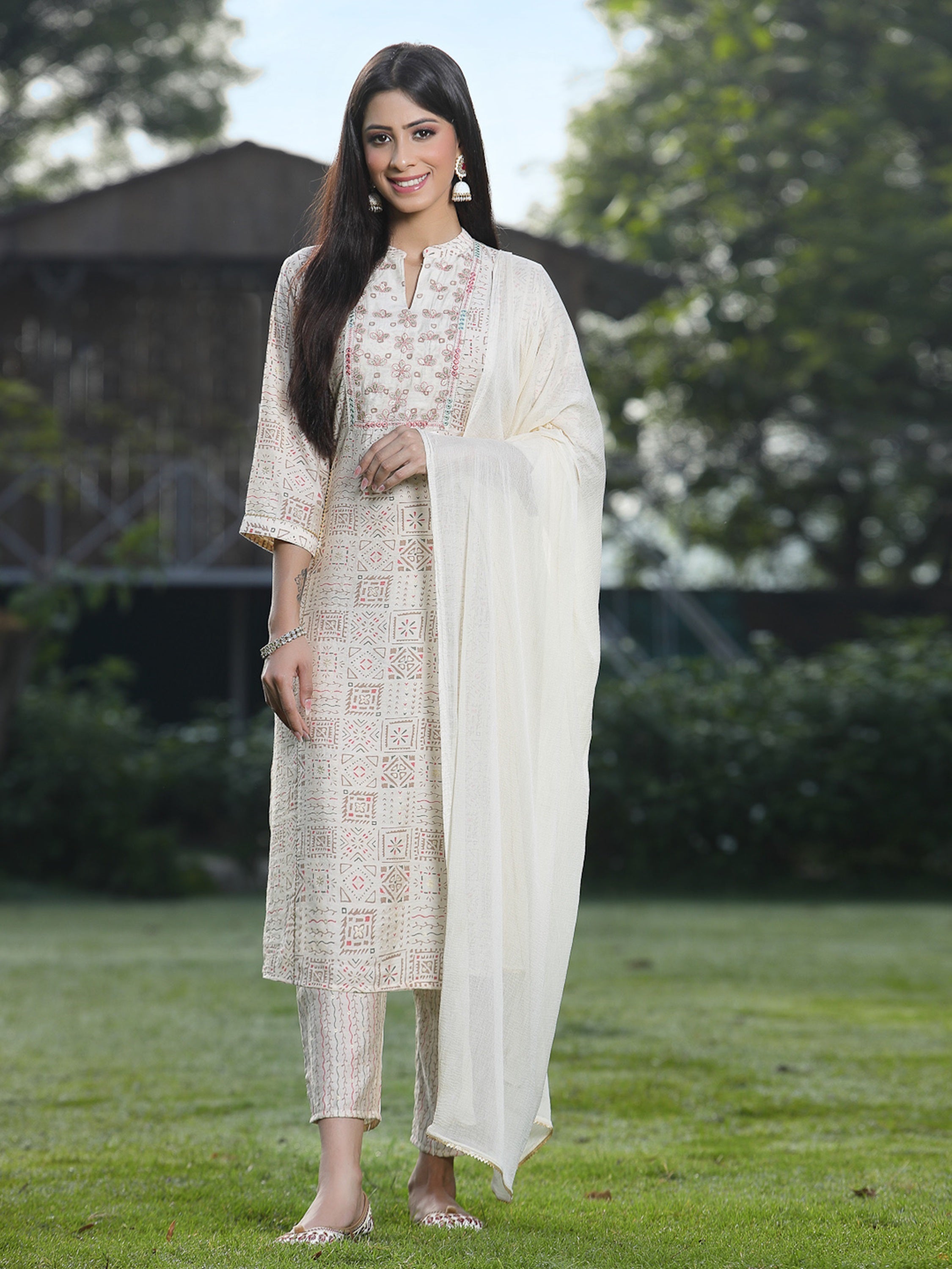 Juniper Off-White Geometric Printed Viscose Muslin Kurta Pants & Dupatta Set With Mirror Work Embroidery.