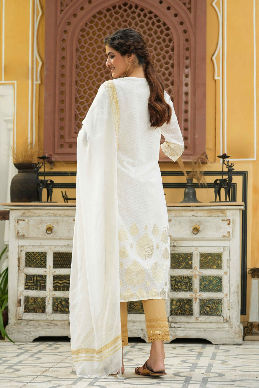 Juniper Off-White Ethnic Motif Printed & Embroidered Georgette Kurta & Silk Dupatta Set