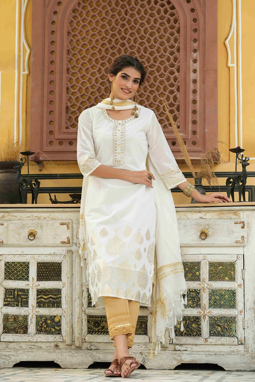 Juniper Off-White Ethnic Motif Printed & Embroidered Georgette Kurta & Silk Dupatta Set