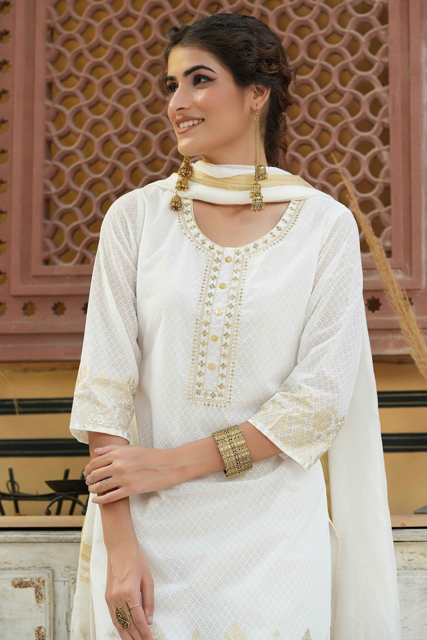 Juniper Off-White Ethnic Motif Printed & Embroidered Georgette Kurta & Silk Dupatta Set