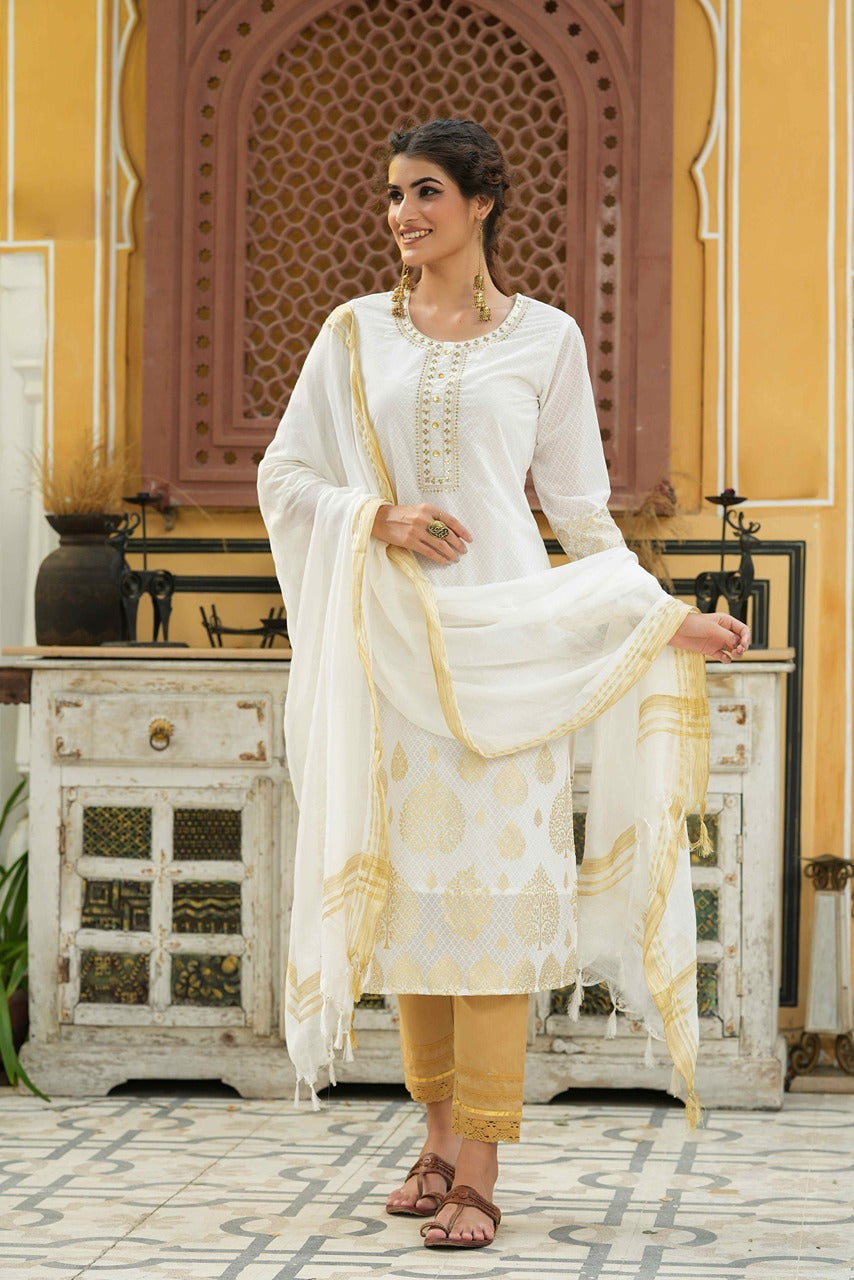 Juniper Off-White Ethnic Motif Printed & Embroidered Georgette Kurta & Silk Dupatta Set