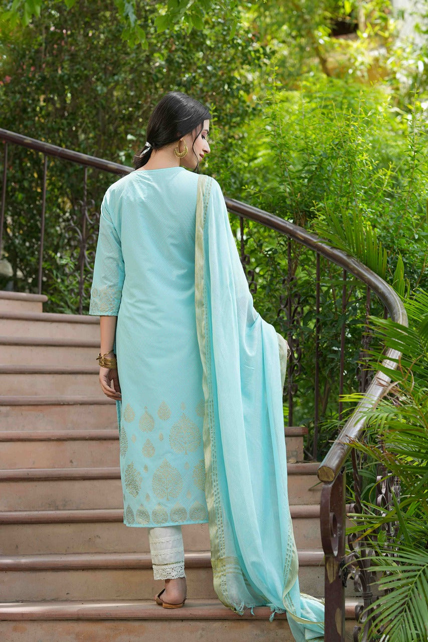 Juniper Sky Blue Georgette Festive Printed Straight Kurta Dupatta Set For Women