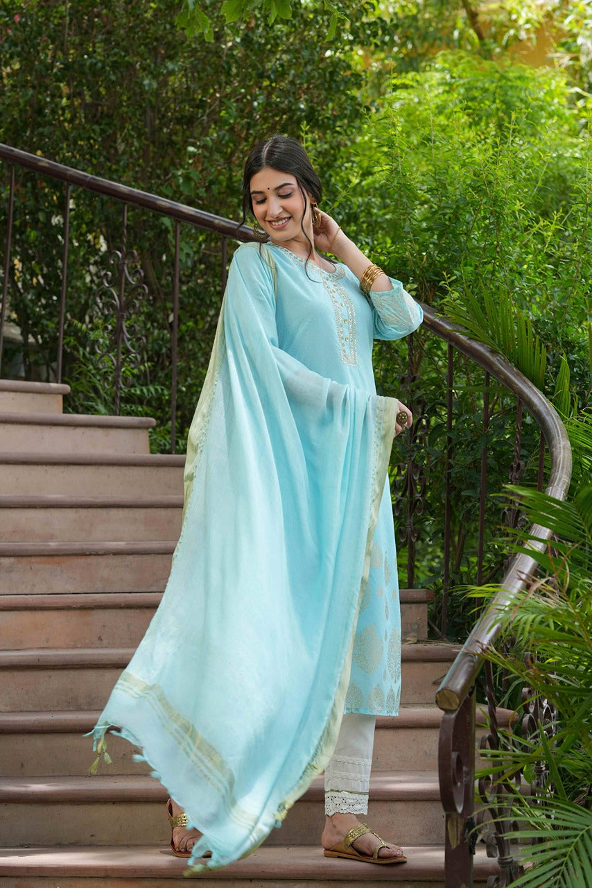 Juniper Sky Blue Georgette Festive Printed Straight Kurta Dupatta Set For Women
