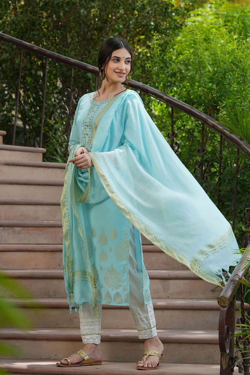 Juniper Sky Blue Georgette Festive Printed Straight Kurta Dupatta Set For Women