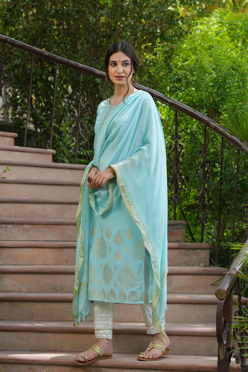 Juniper Sky Blue Georgette Festive Printed Straight Kurta Dupatta Set For Women