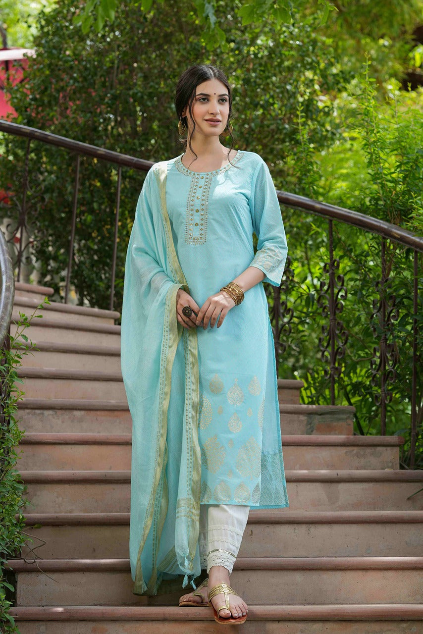 Juniper Sky Blue Georgette Festive Printed Straight Kurta Dupatta Set For Women