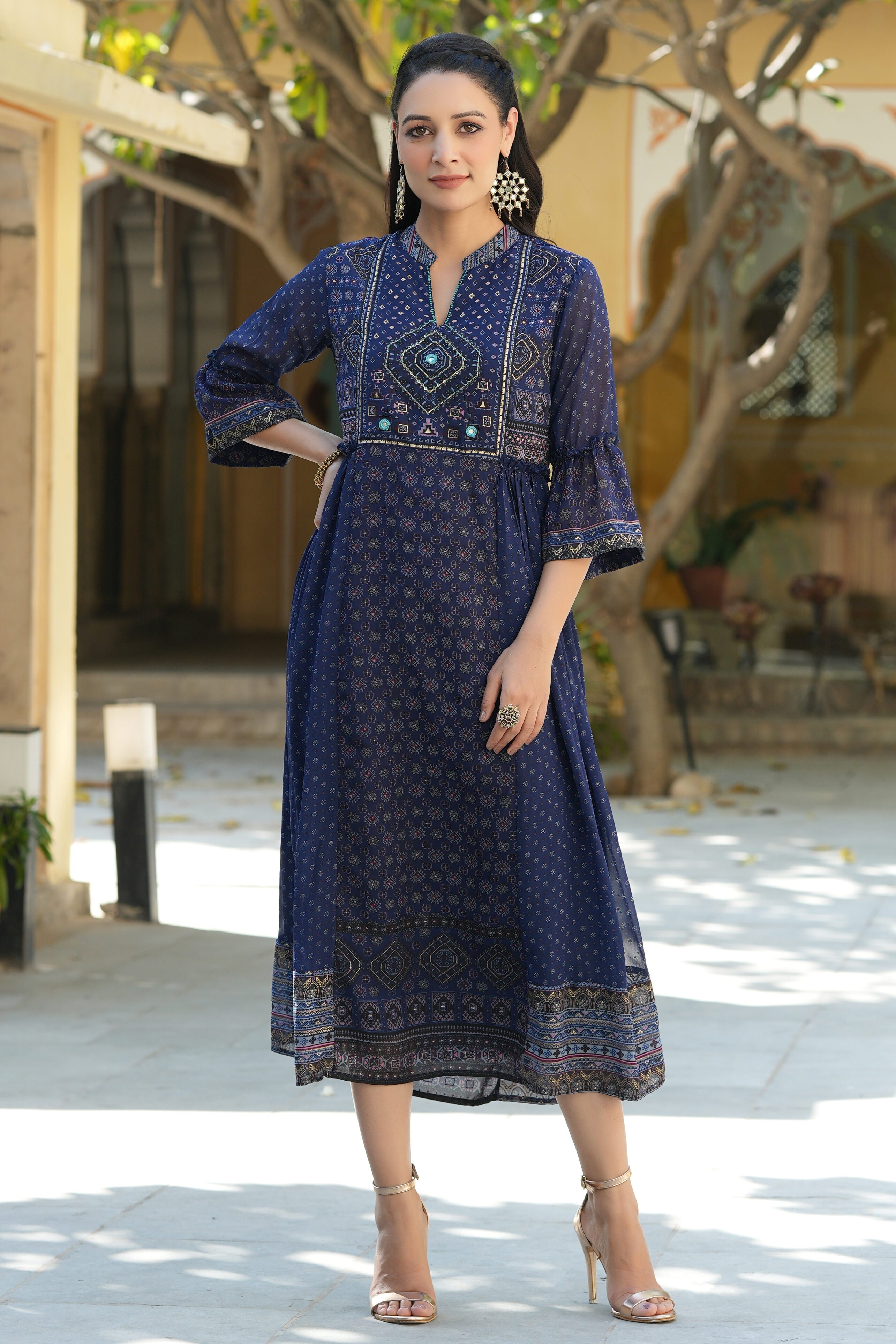 Juniper Indigo Ethnic Motif Printed Georgette Flared Dress.