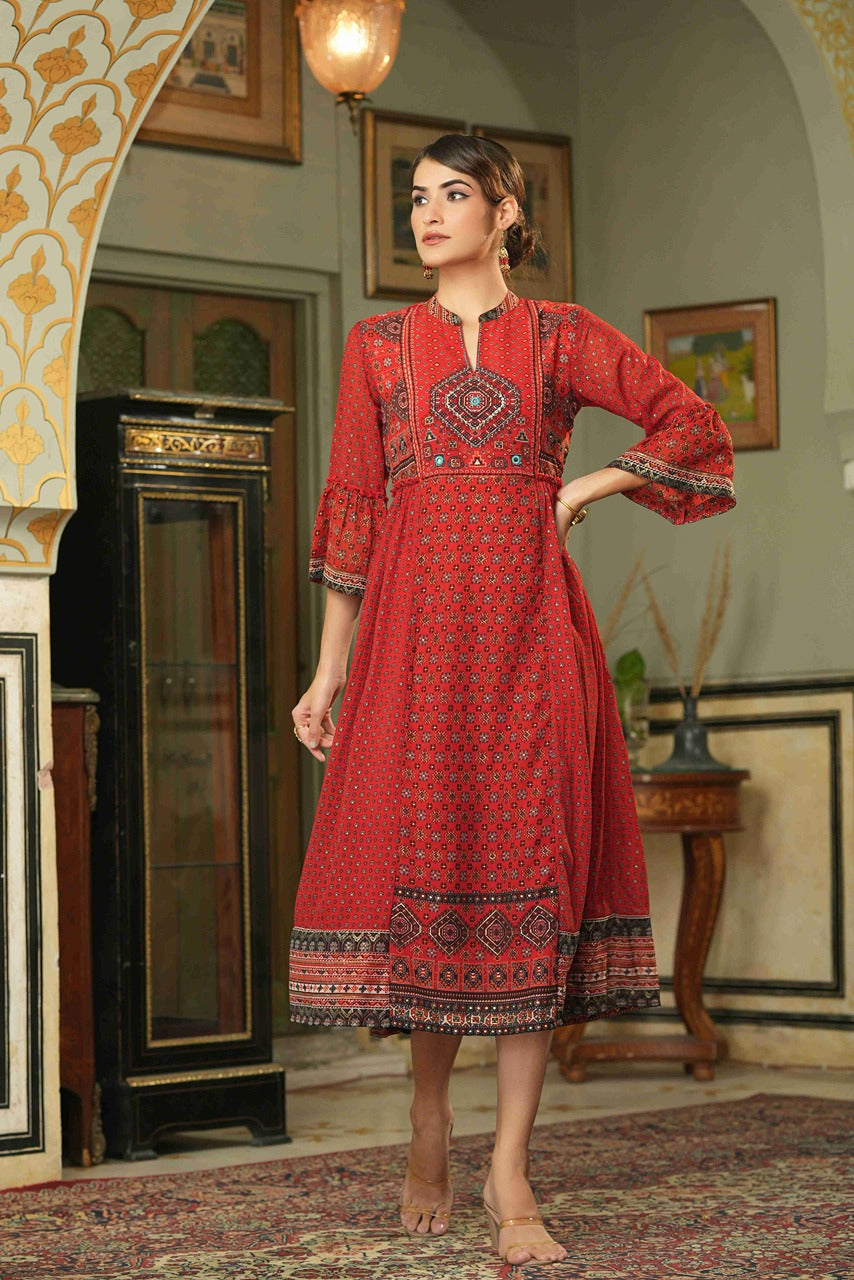 Juniper Red Ethnic Motif Printed Georgette Flared Dress.