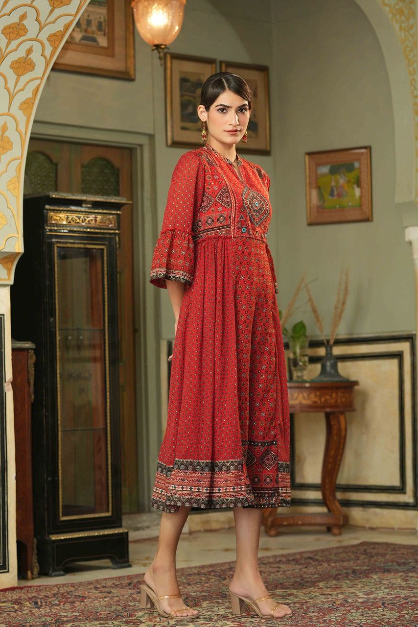 Juniper Red Ethnic Motif Printed Georgette Flared Dress.